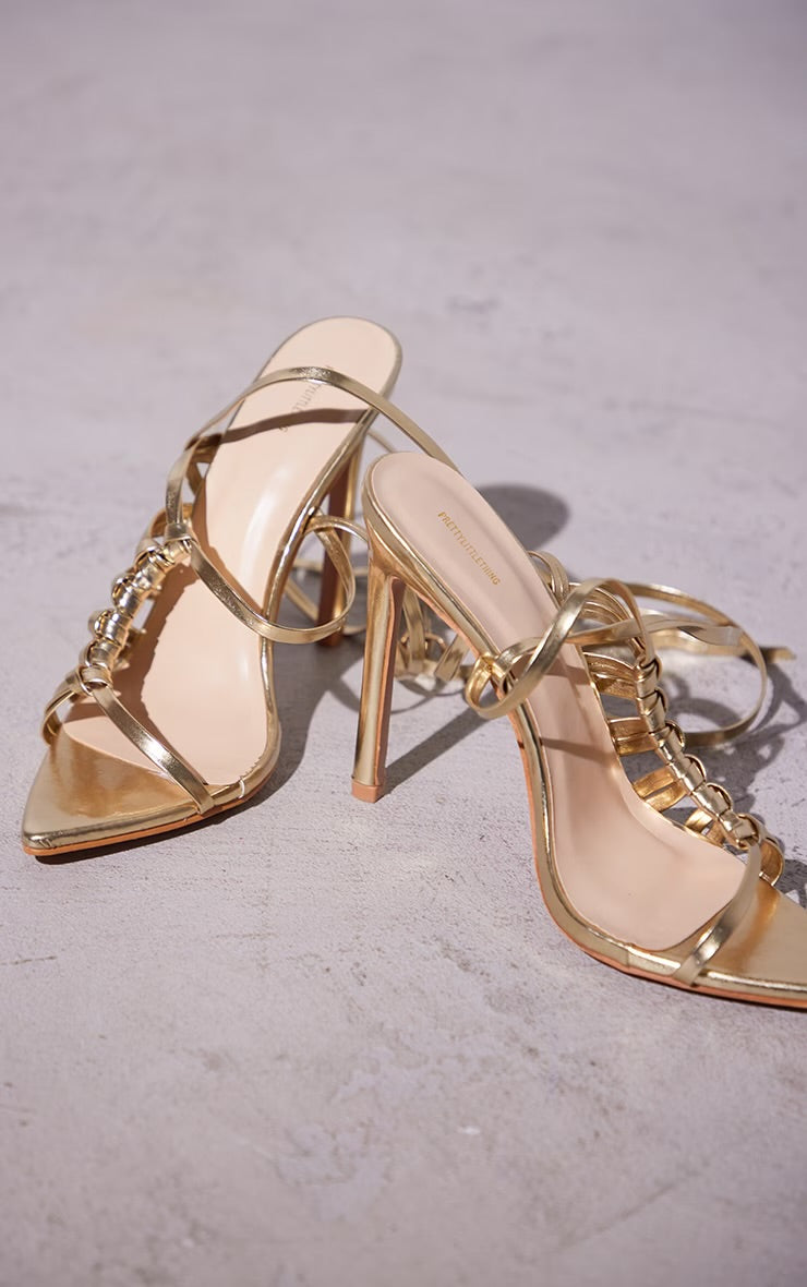 PRETTY LITTLE THING HEELED ANKLE TIE SANDAL IN GOLD