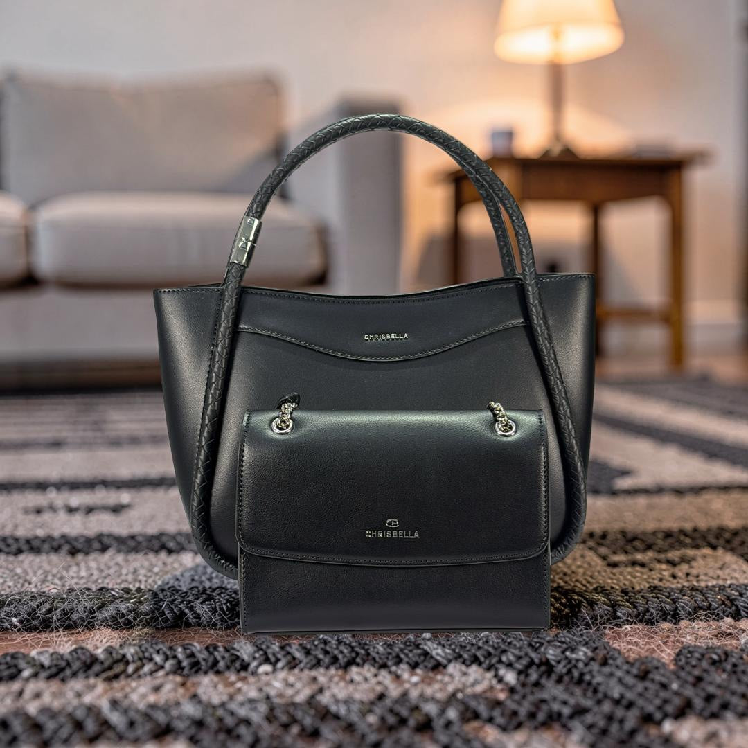 Chrisbella Double Woven Handle Bag in Black