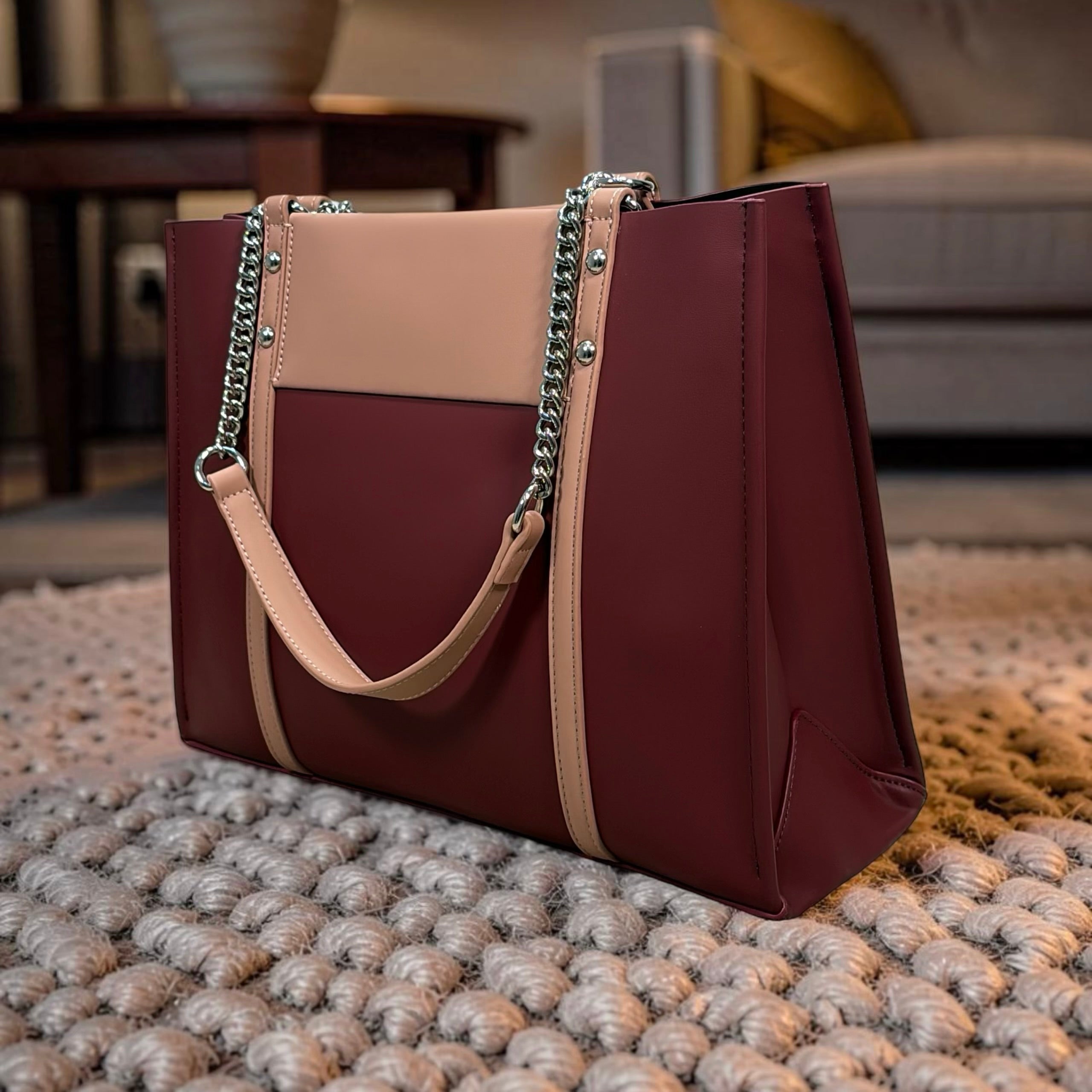 Chrisbella Two-Tone Chain Handle Bag in Burgundy