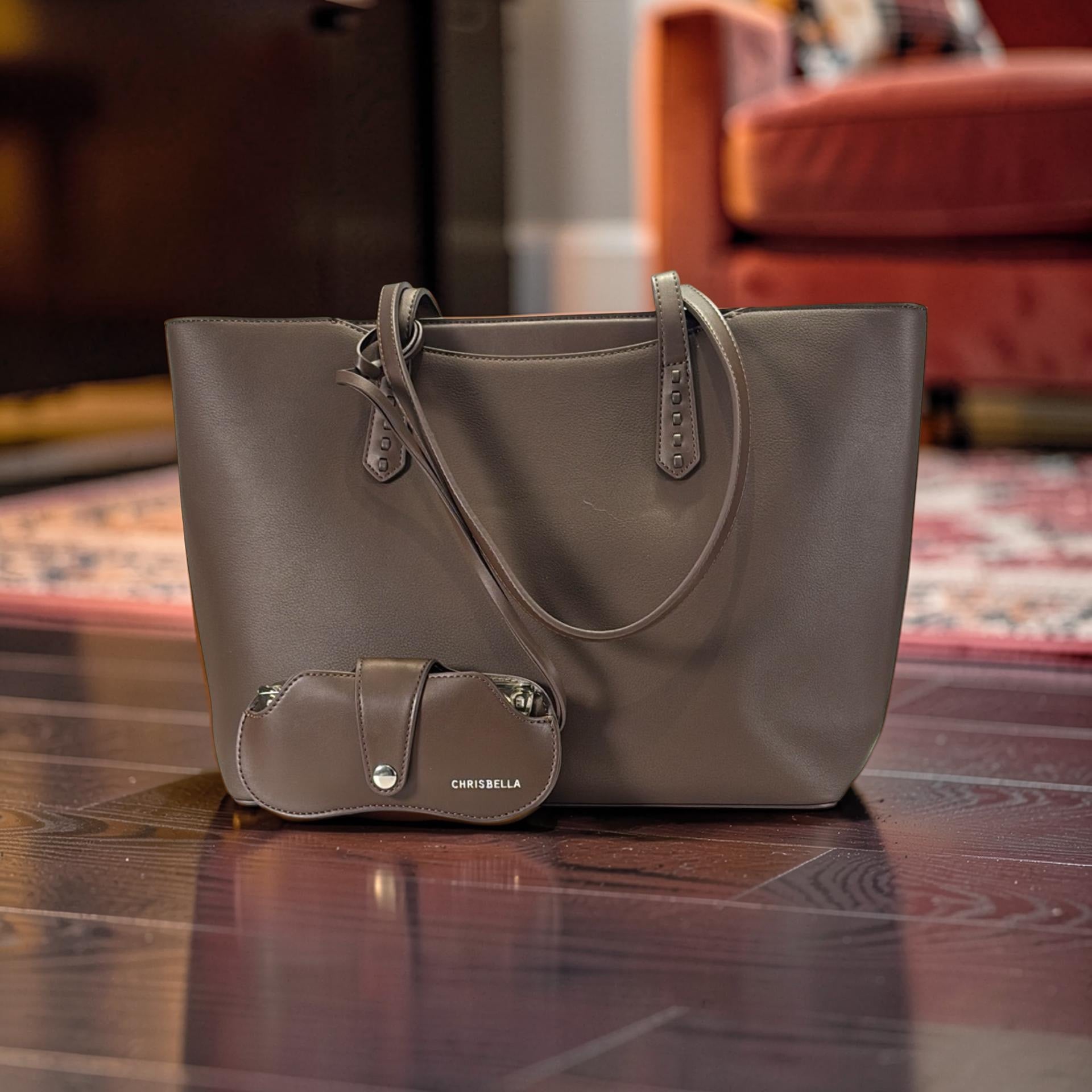Chrisbella Large Leather Sunglasses Charm Detail Bag in Coffee
