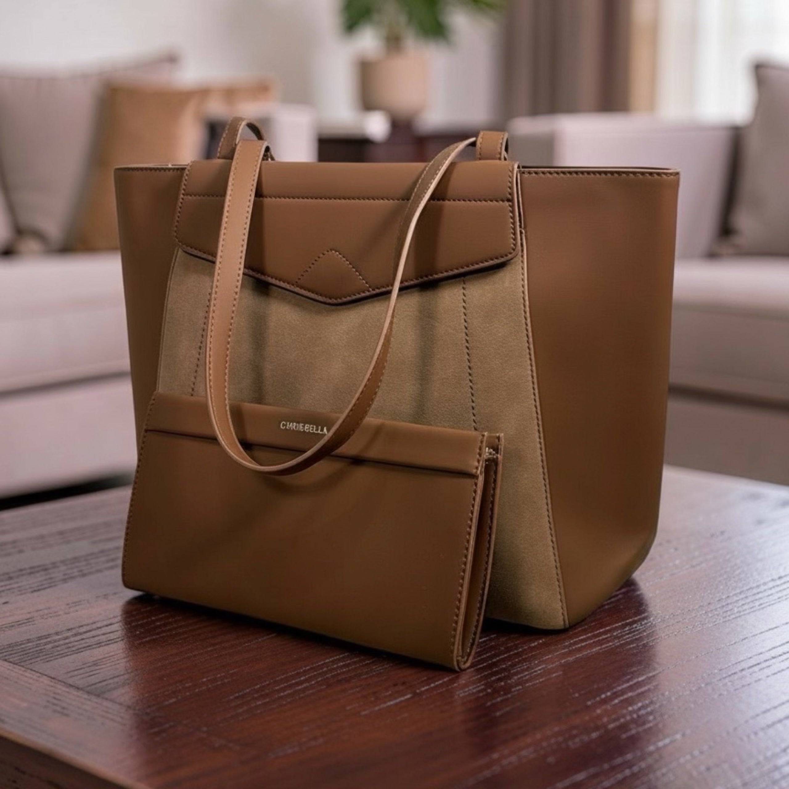 Chrisbella Large Contrast Shoulder Bag in Brown