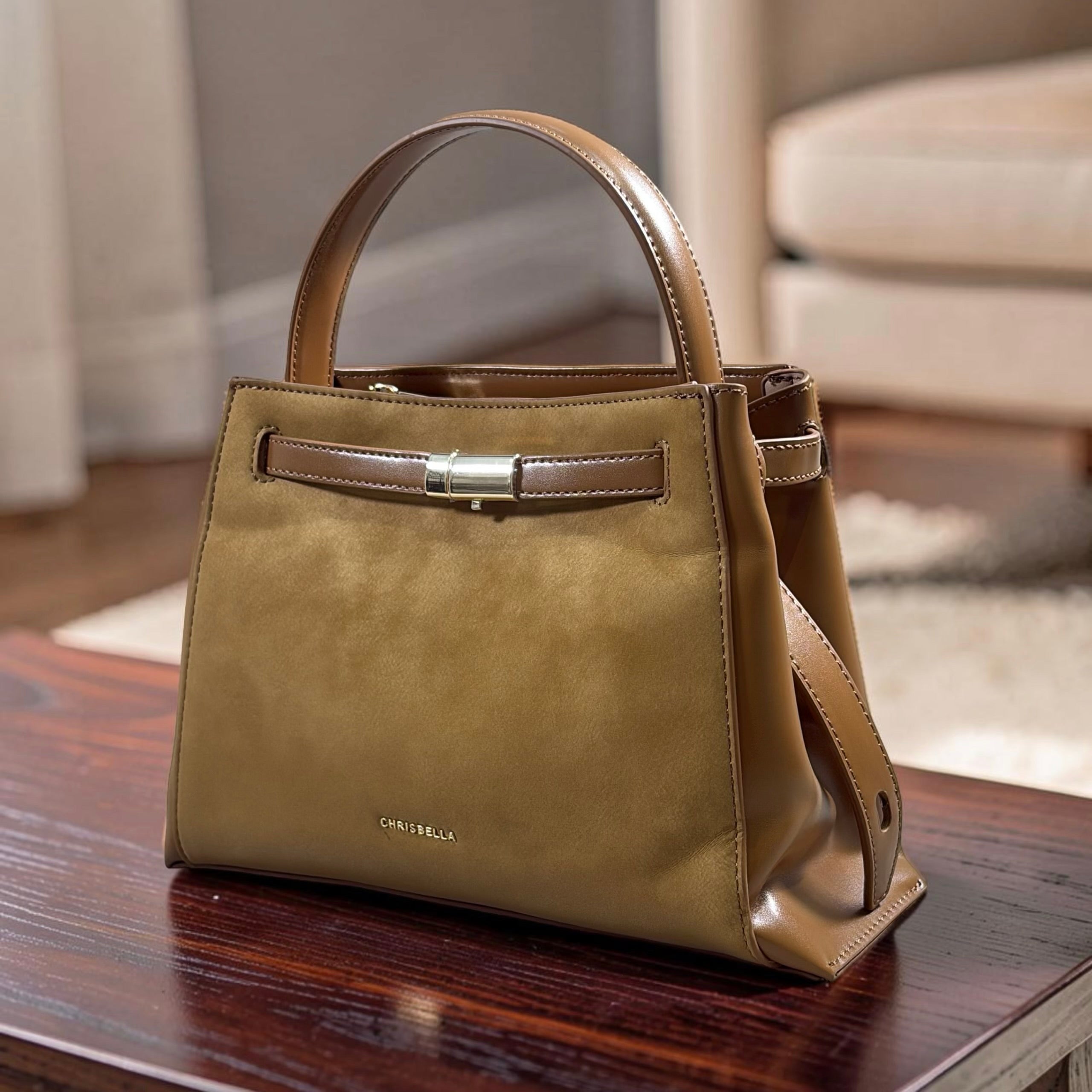 Chrisbella Top Handle Contrast Leather Bag in Brown