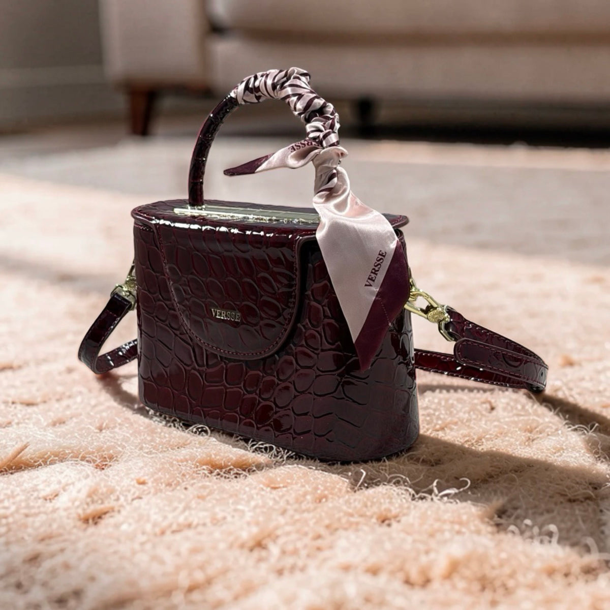 Versse Top Handle Faux Croc Skin Mini Bag in Burgundy