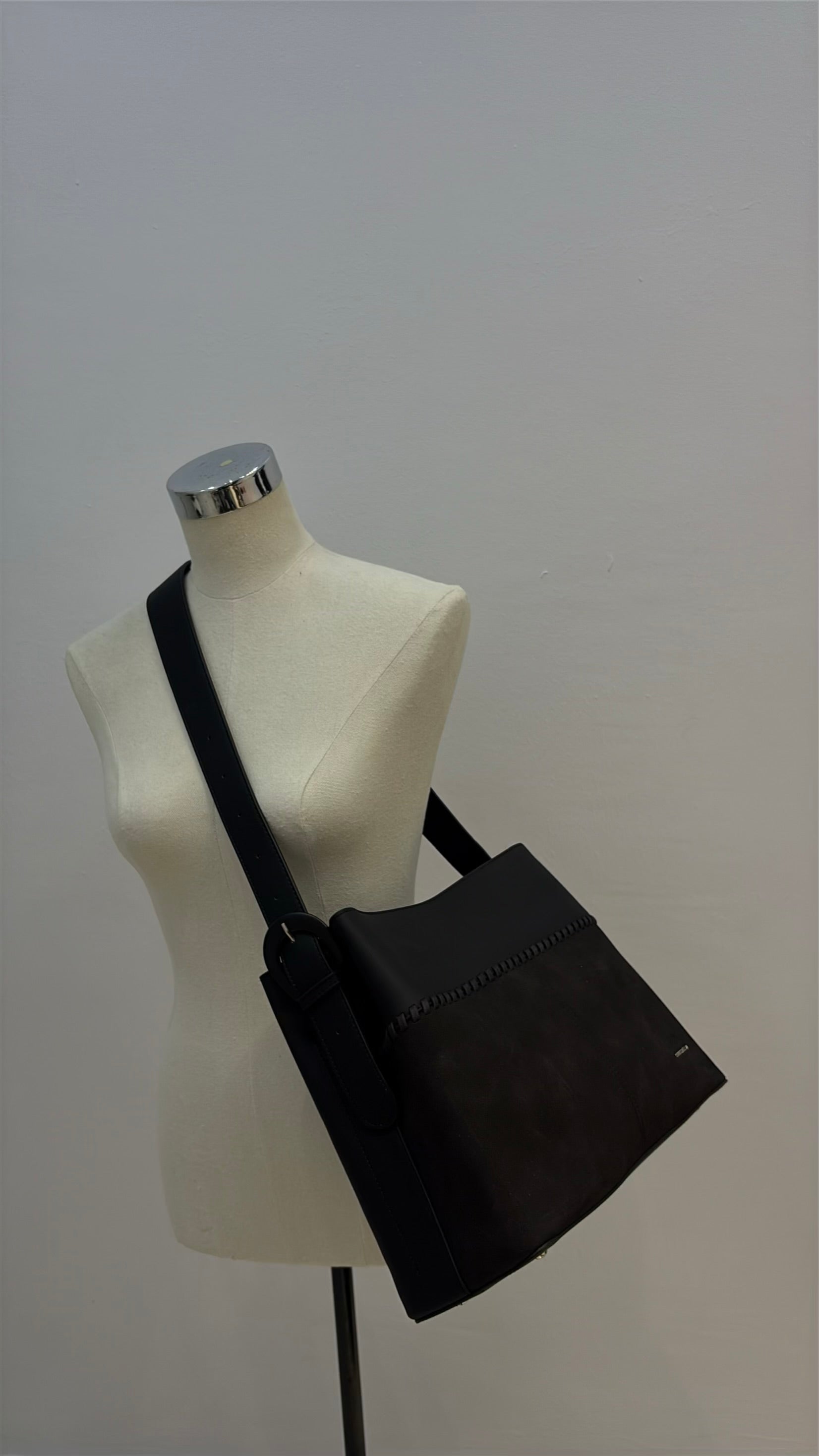 Chrisbella Single Belt Strap Bag Suede Detail Bag in Black