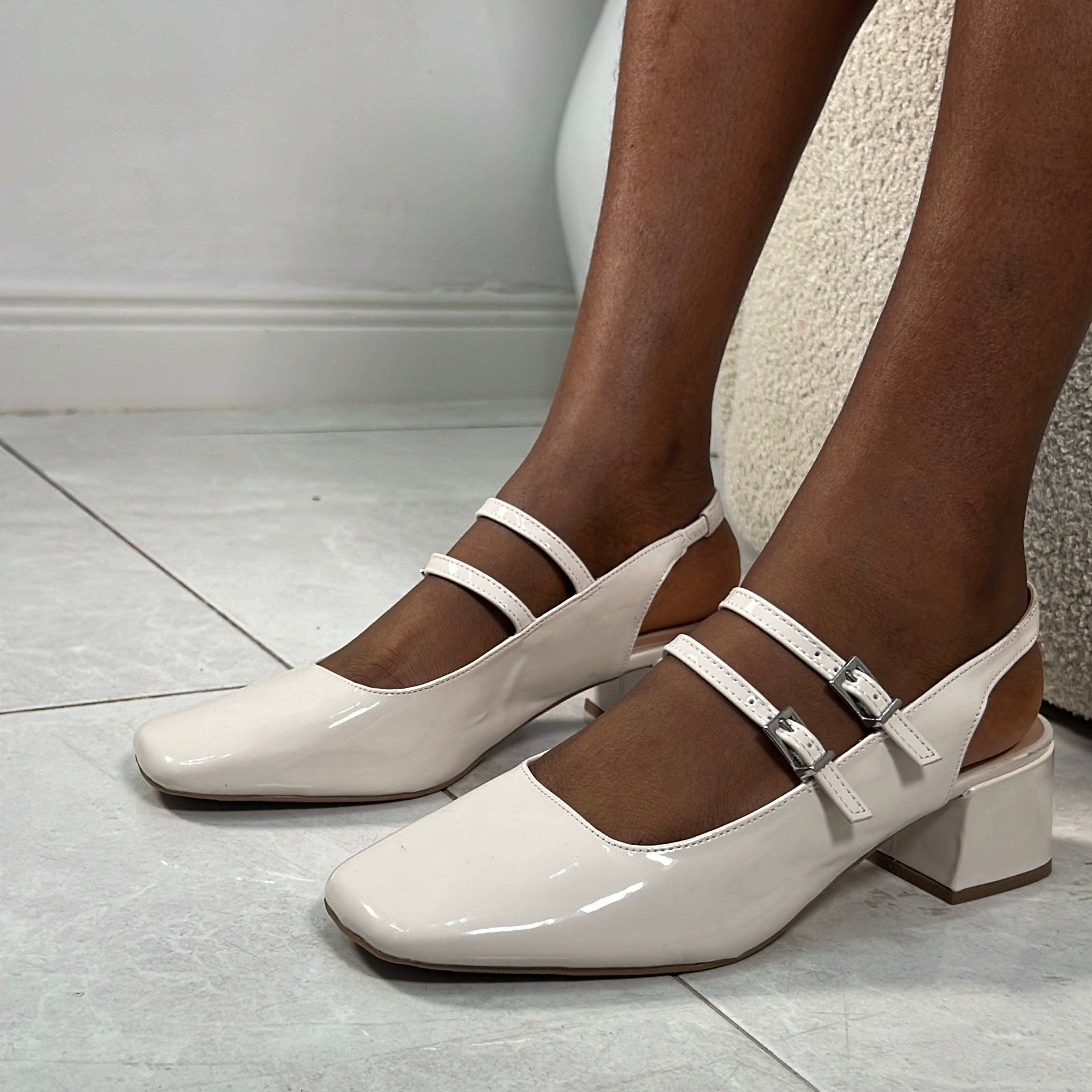 Atlas Square Toe Patent Leather Block Heel Pump in Ecru