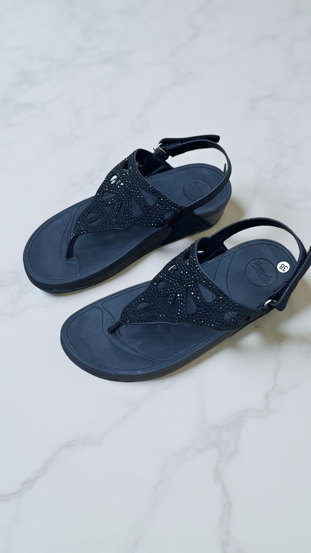 Step & Shape Embellished Strap Sandals In Black