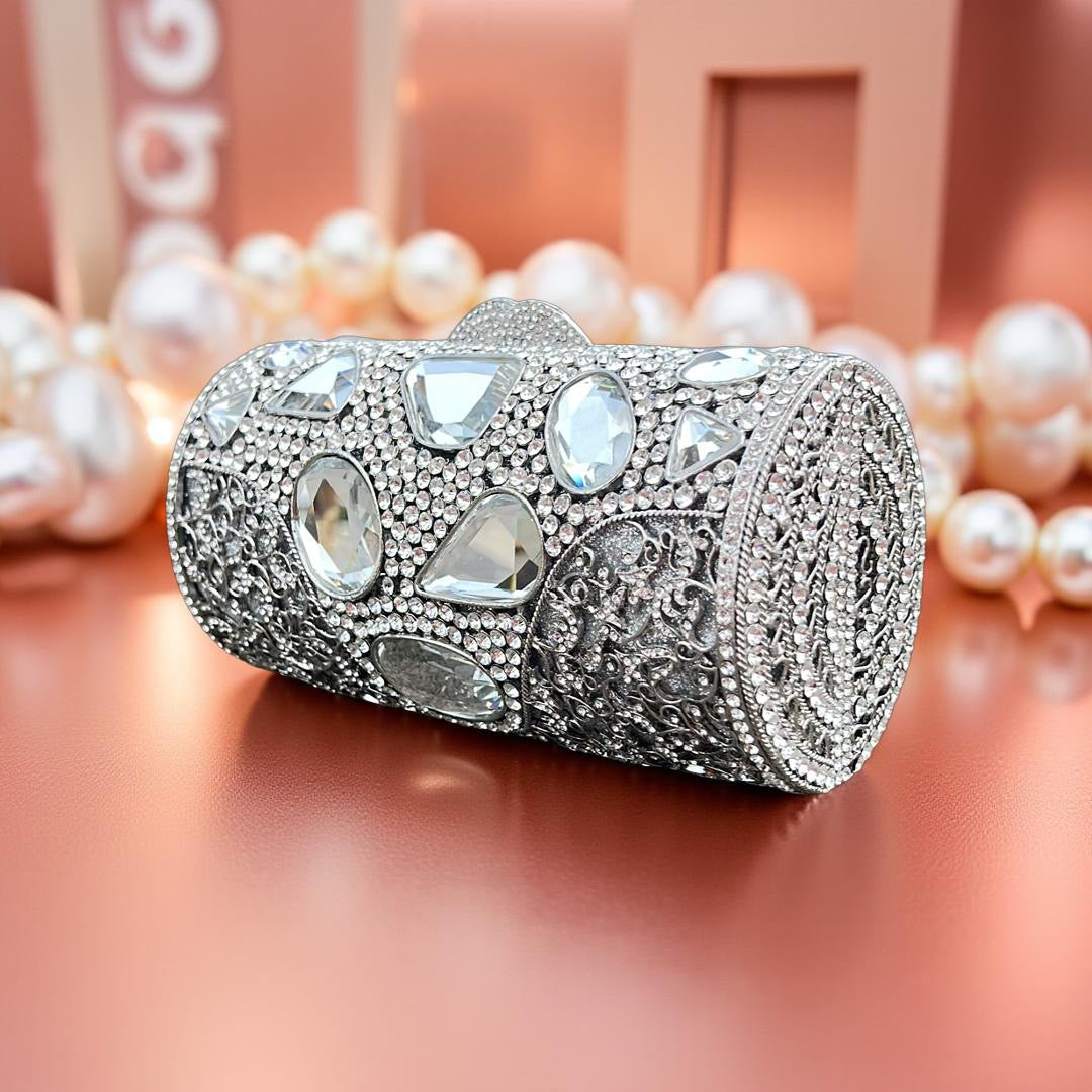 Monaco Sparkle Clutch Rhinestone Evening Bag with Chain Strap in Silver