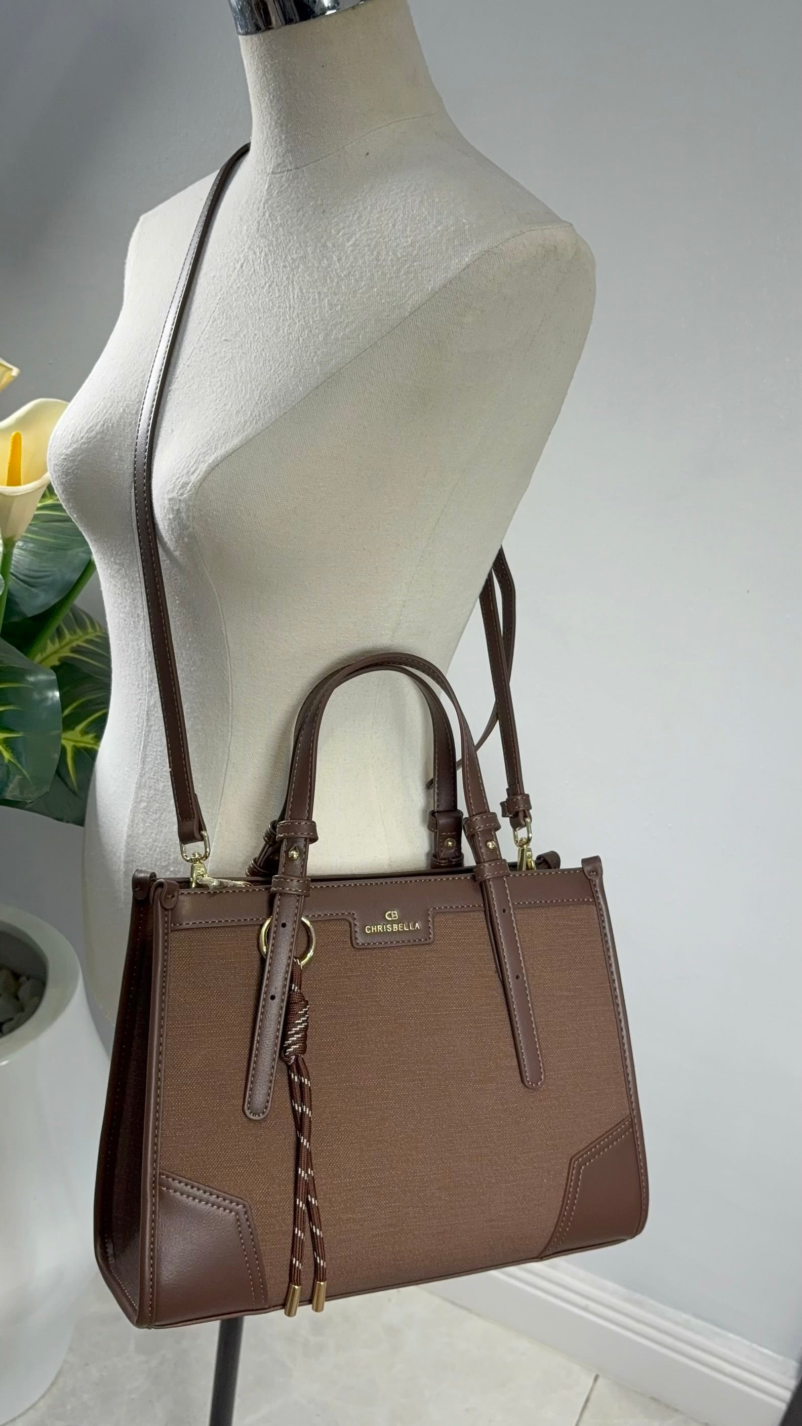 Chrisbella Double Top Handle Leather Tapping Bag in Coffee