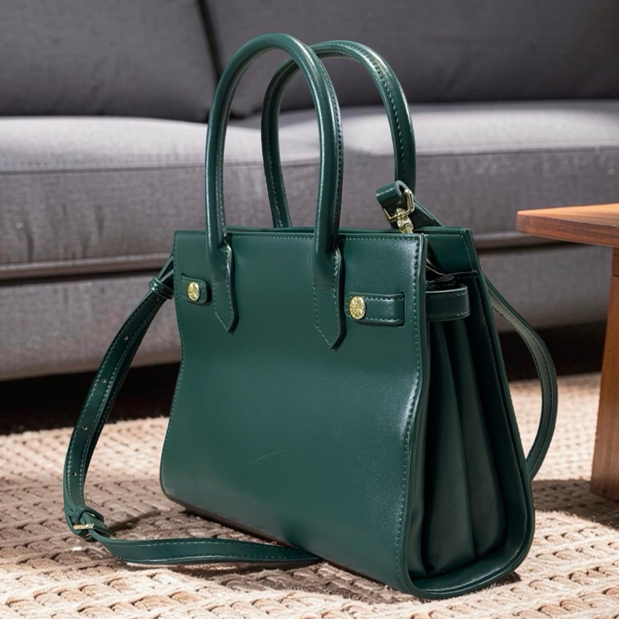 Versse Tassel Detail Structured Double Handle Bag in Green