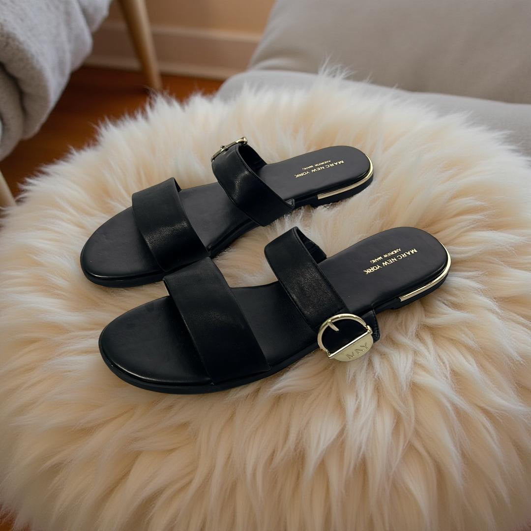 Andrew Marc Double Strap Buckle Detail Slippers in Black
