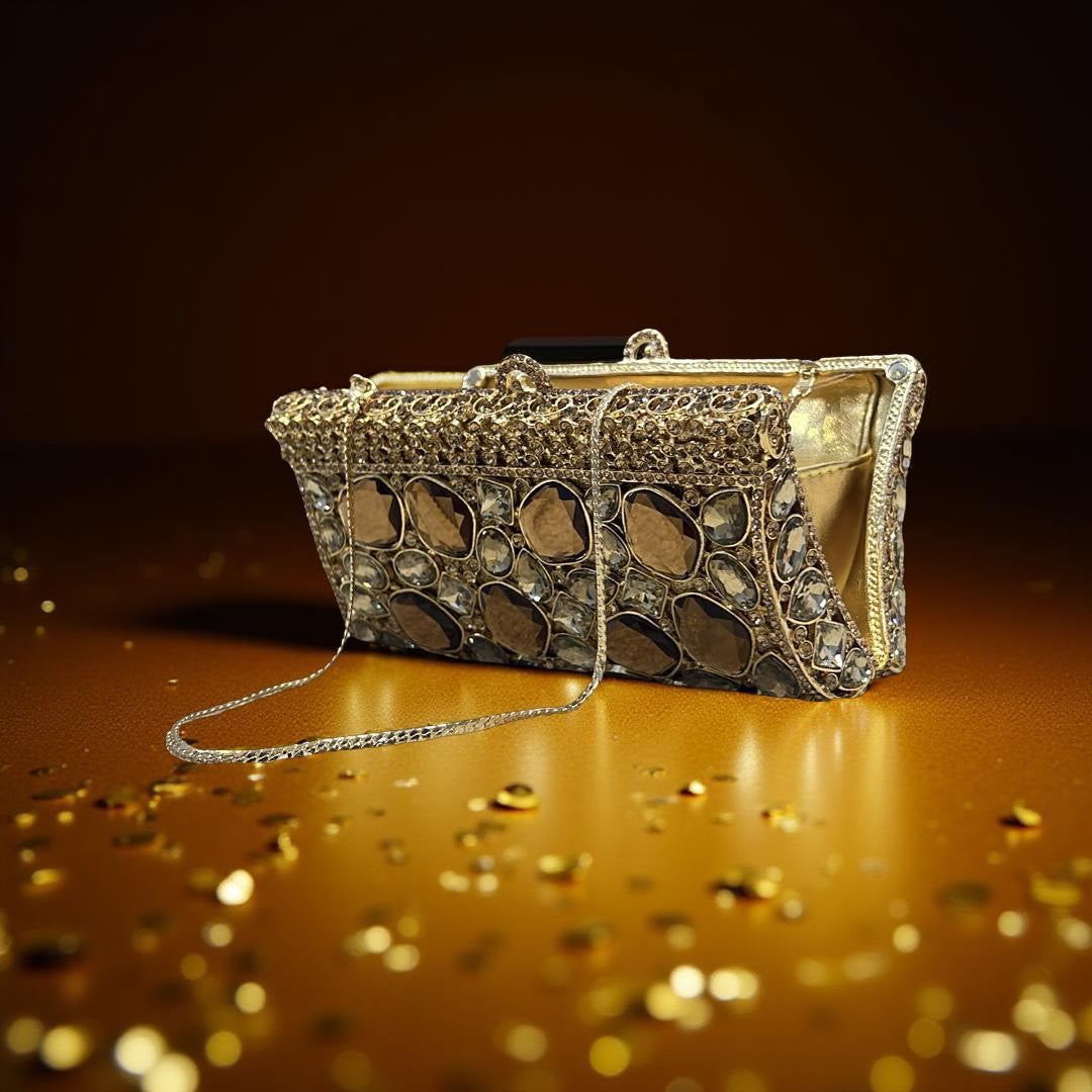 Cairo Glam Clutch Statement Purse with Crystals in Gold