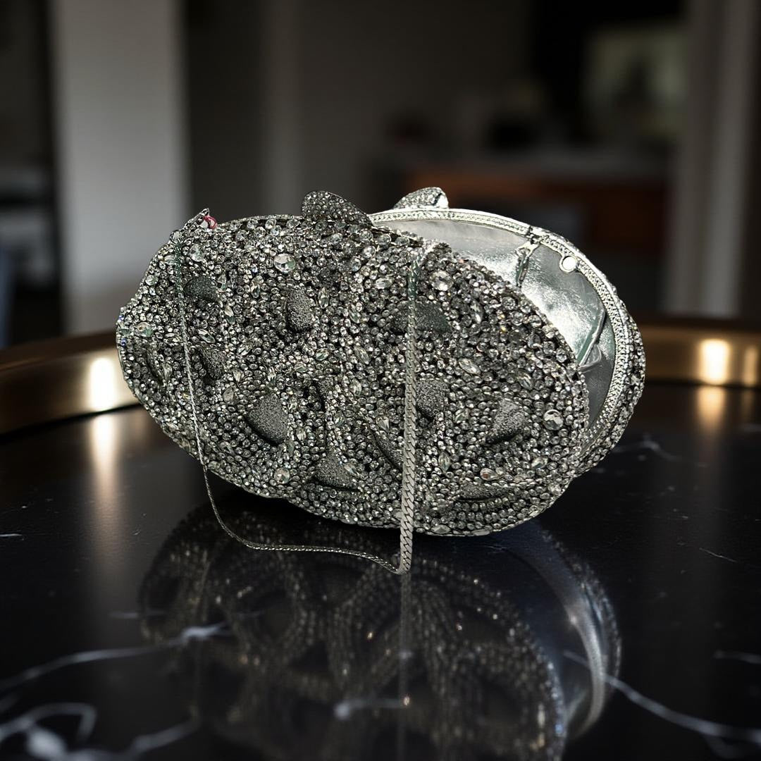 Seoul Spiral Detail Design Clutch Party Purse with Stones in Silver