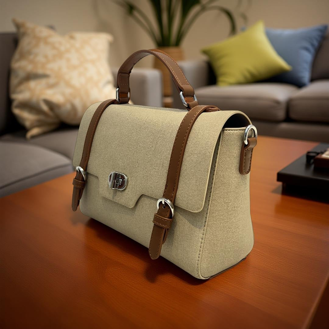 Bagco Leather Strap Top Handle Satchel With Twist-Knob in Beige