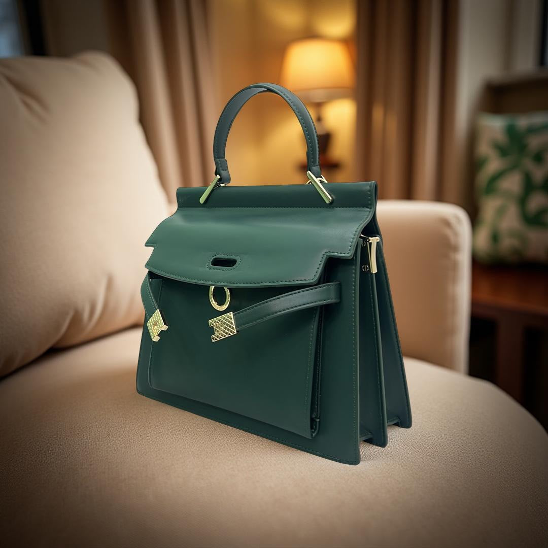 Versse Ring Detail Top Handle Leather Bag in Green