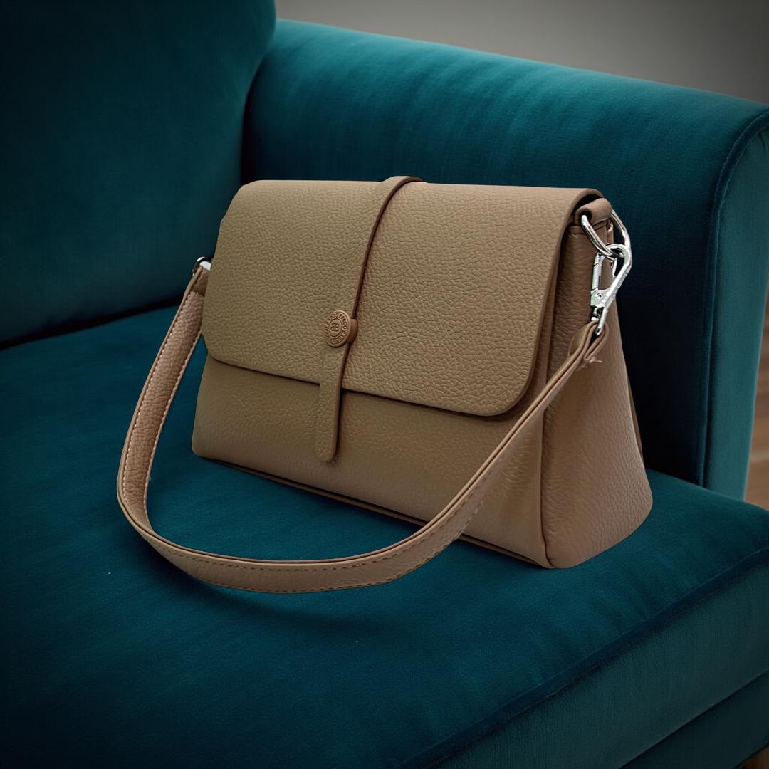 Bagco Textured Leather Double Handle Sling Bag in Beige