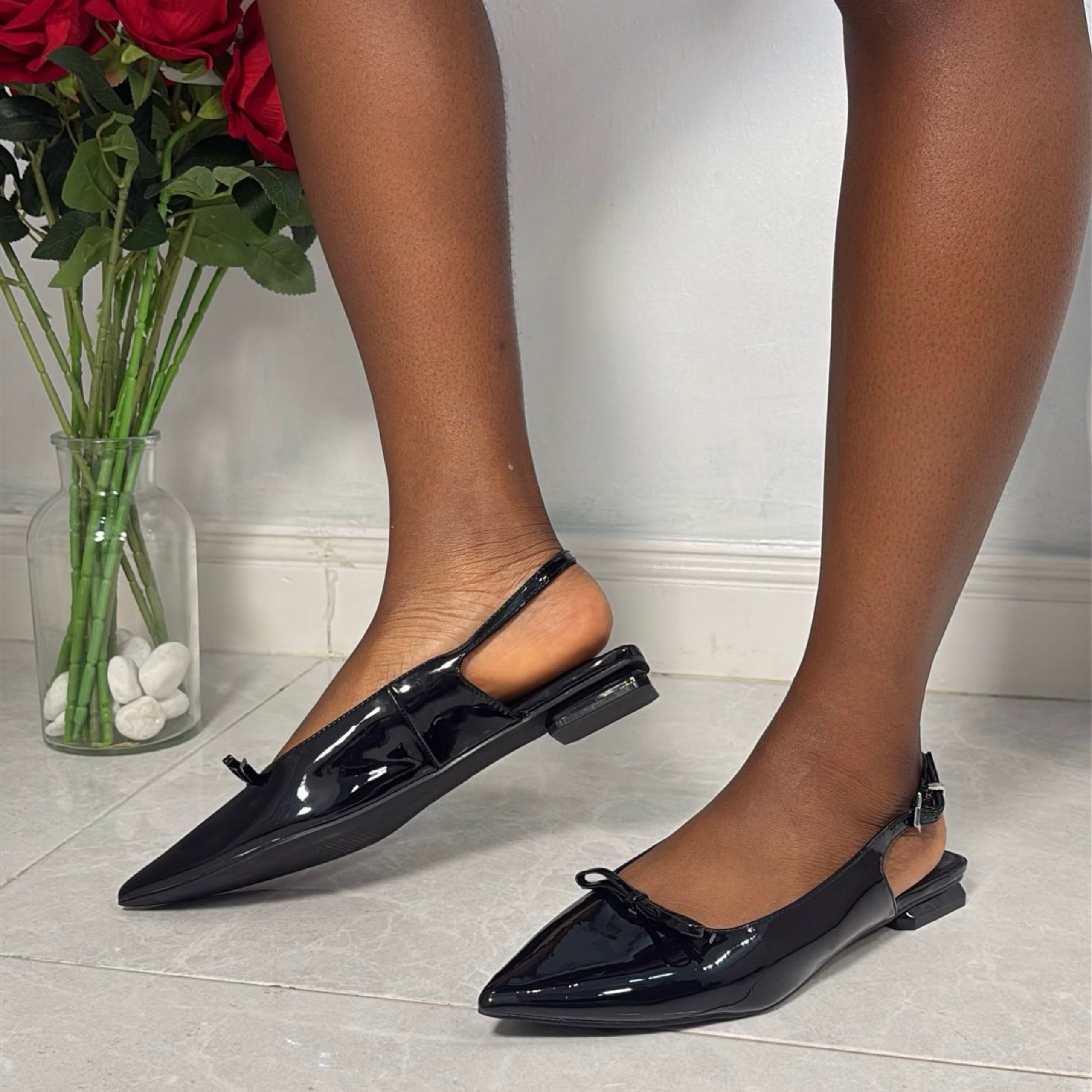 Coutgo Patent Leather Bow Detail Slingabck Flats in Black