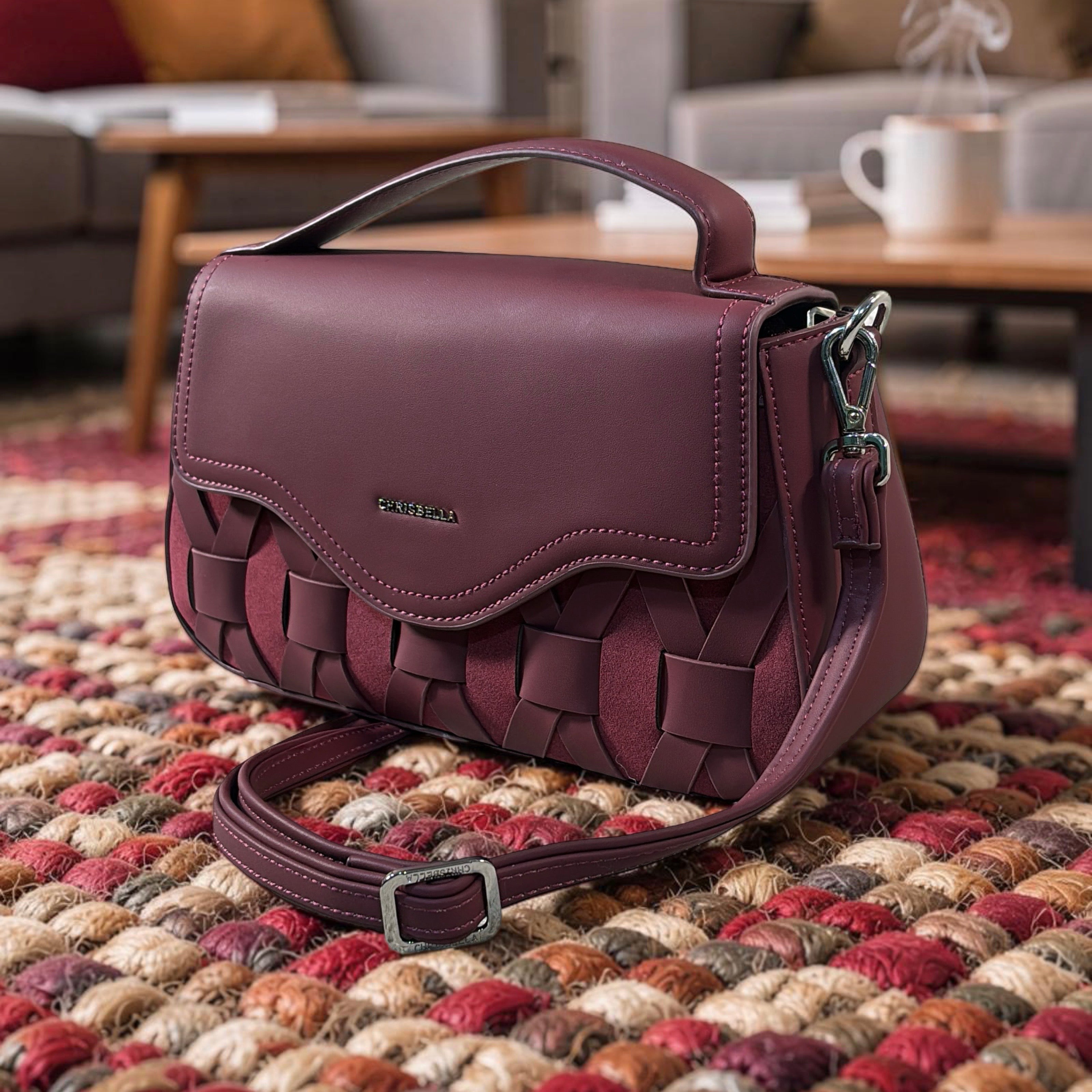 Chrisbella Top Handle Suede Detail Bag in Wine