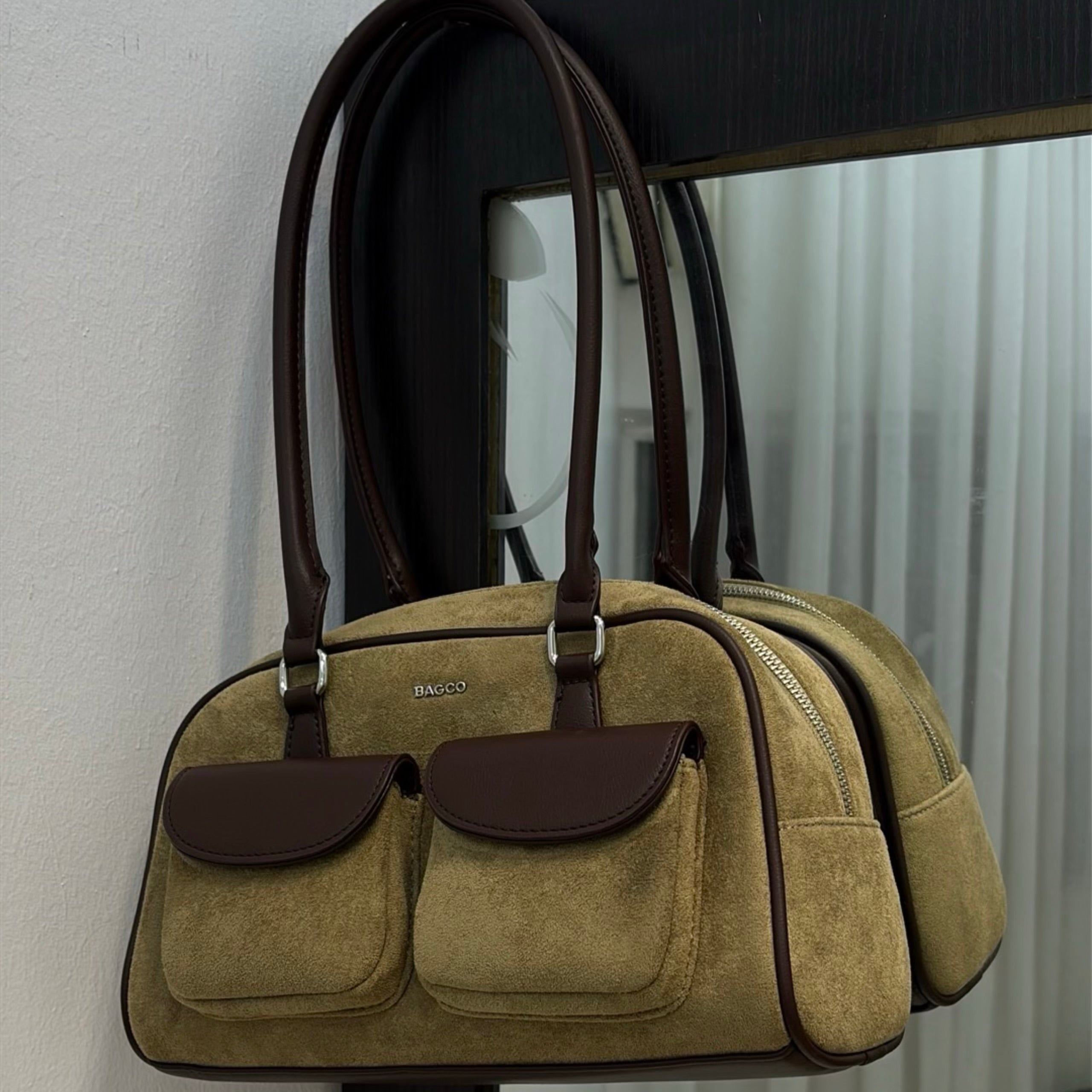 Bagco Pocket Detail Suede Bag in Khaki