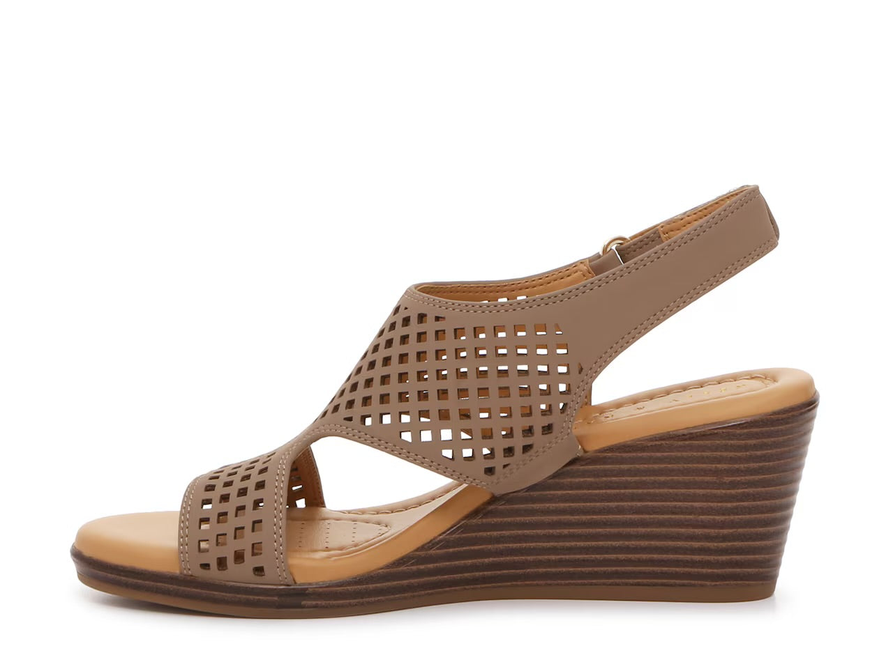 KELLY & KATIE PERFORATED WEDGE SANDAL IN DARK TAUPE