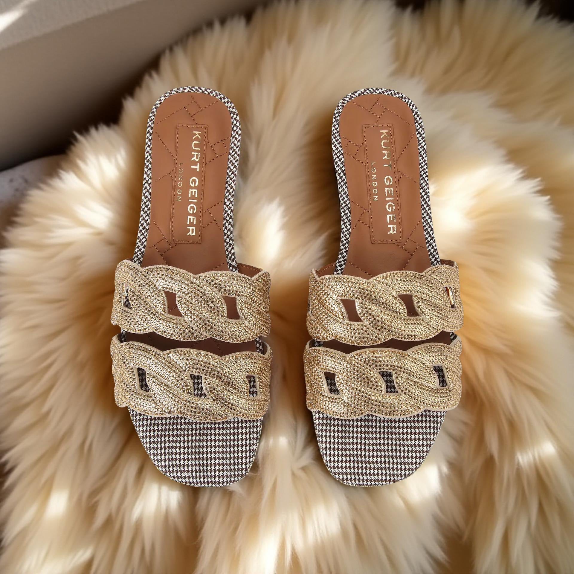 Kurt Geiger Crystal Chain Flat Sandal in Gold