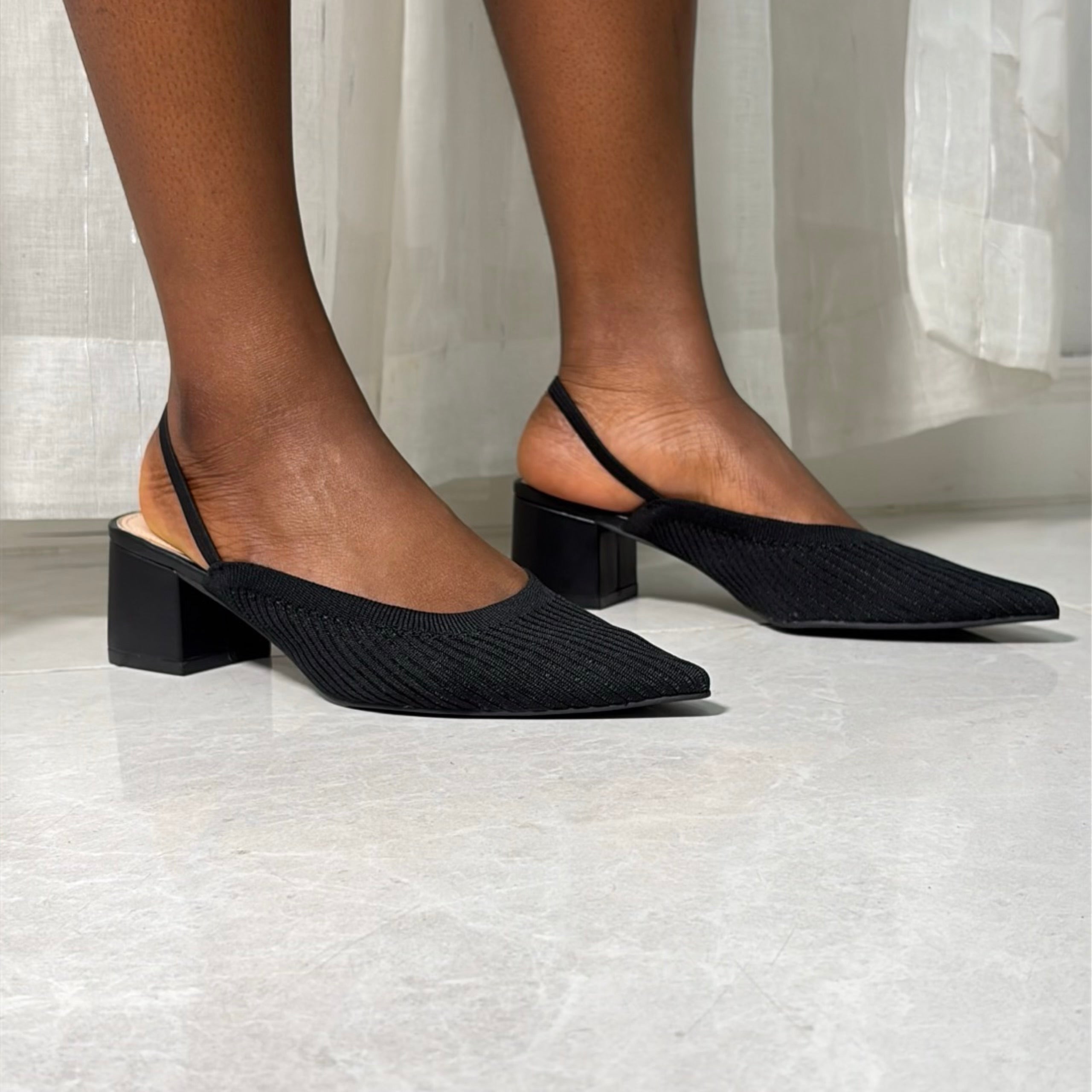 Milano Elastic Slingback Block Heel Shoes in Black