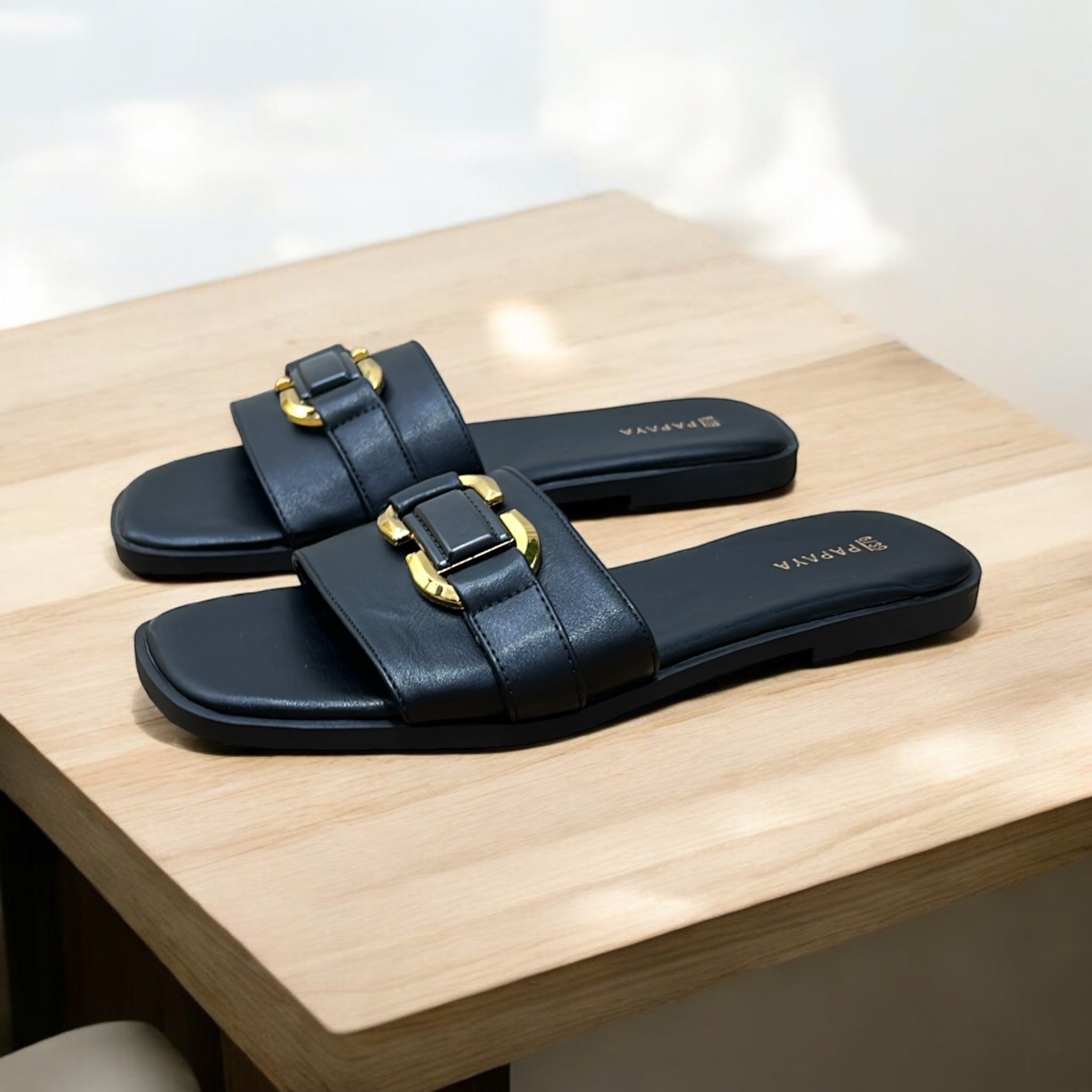 PAPAYA GOLD-TONE HARDWARE DETAIL SLIDE IN BLACK