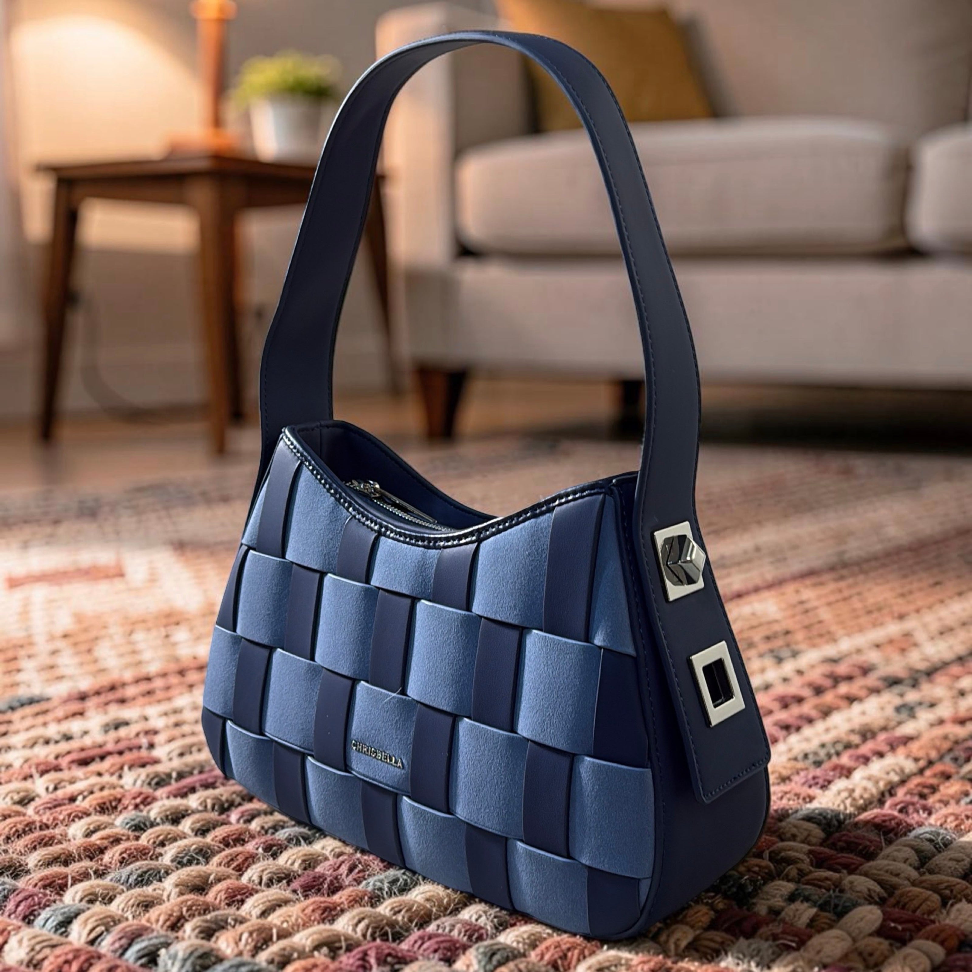 Chrisbella Mat Design Single Strap Shoulder Bag in Navy