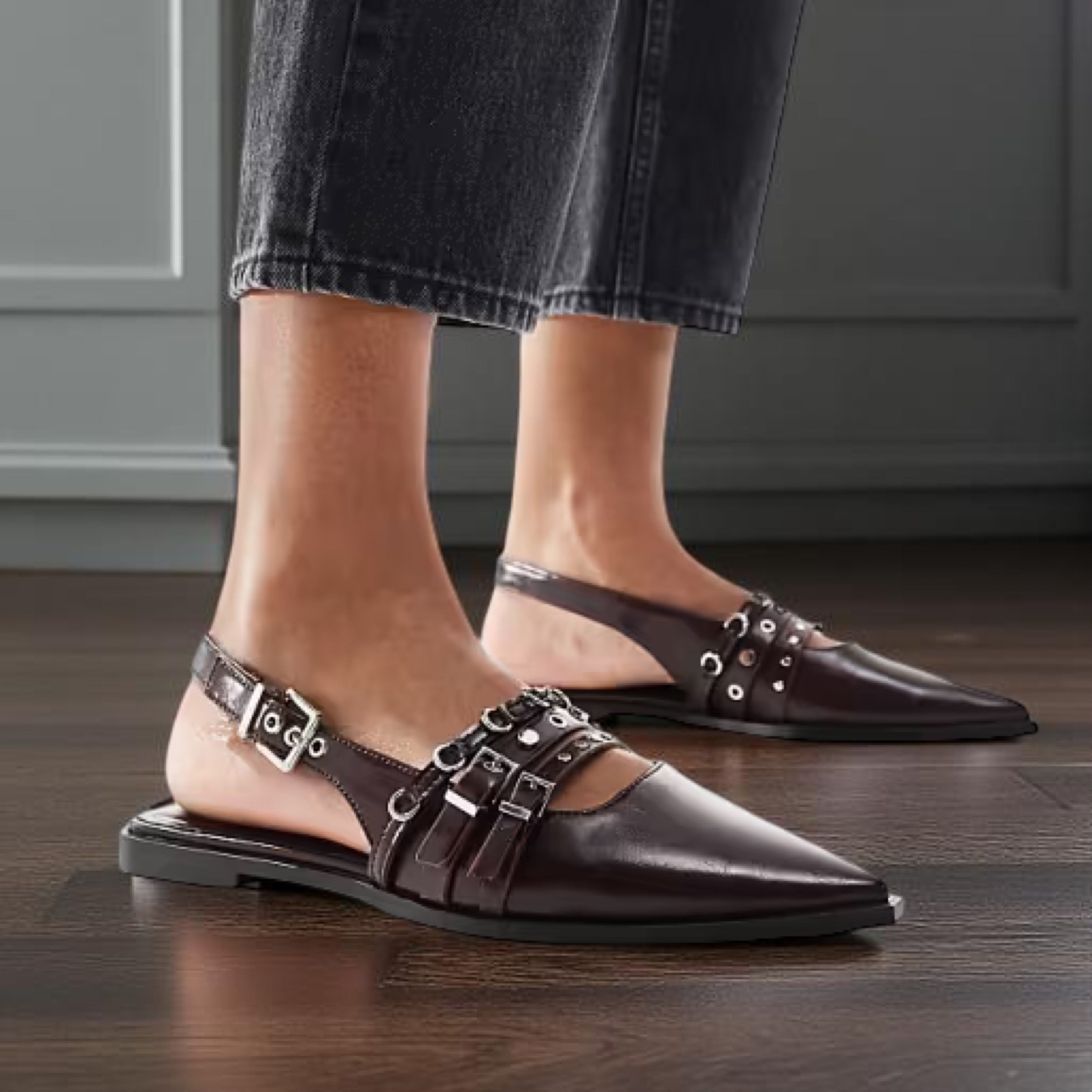 Stradivarius Buckle Detail Slingback Flats in Burgundy