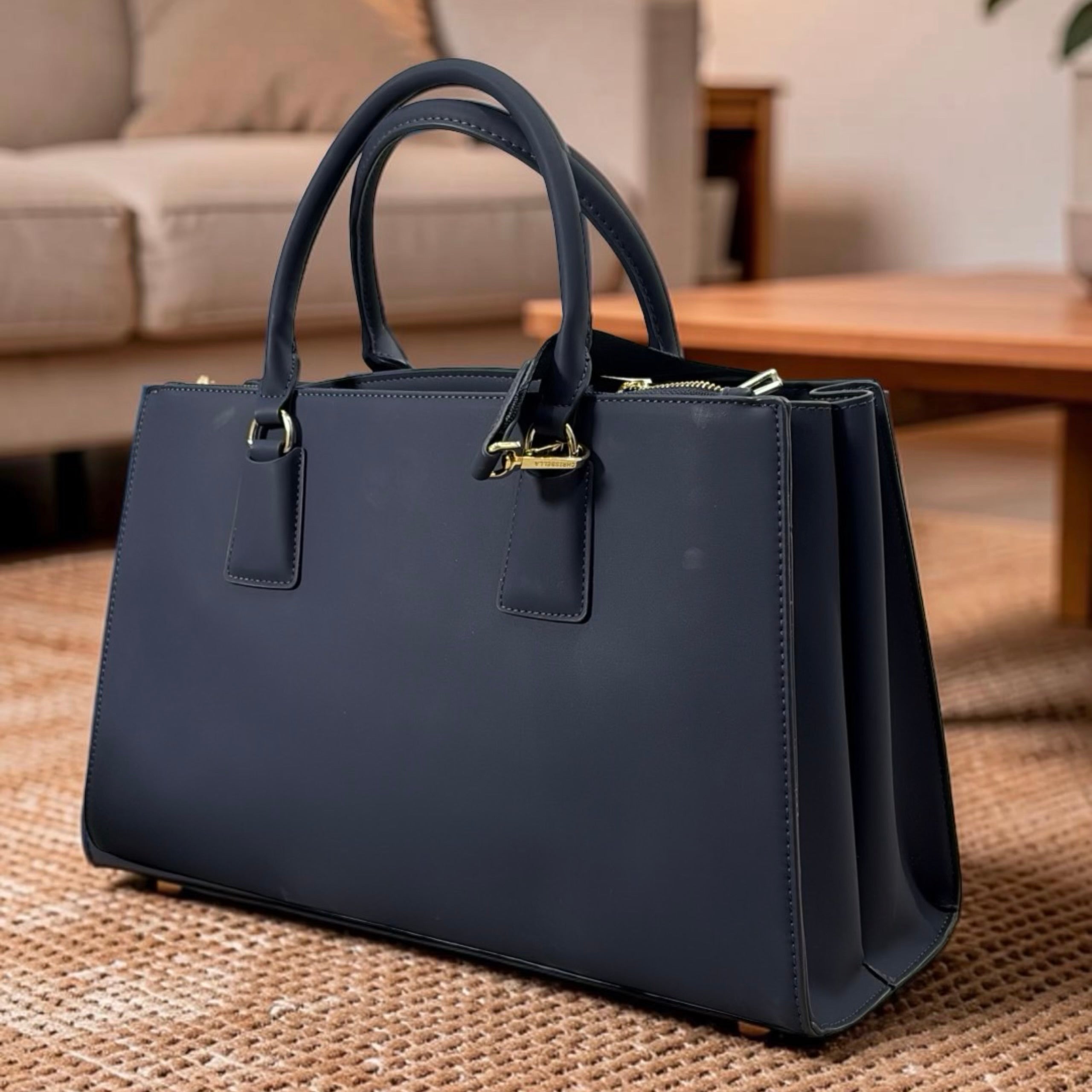 Chrisbella Triple Compartment Large Double Handle Bag in Navy