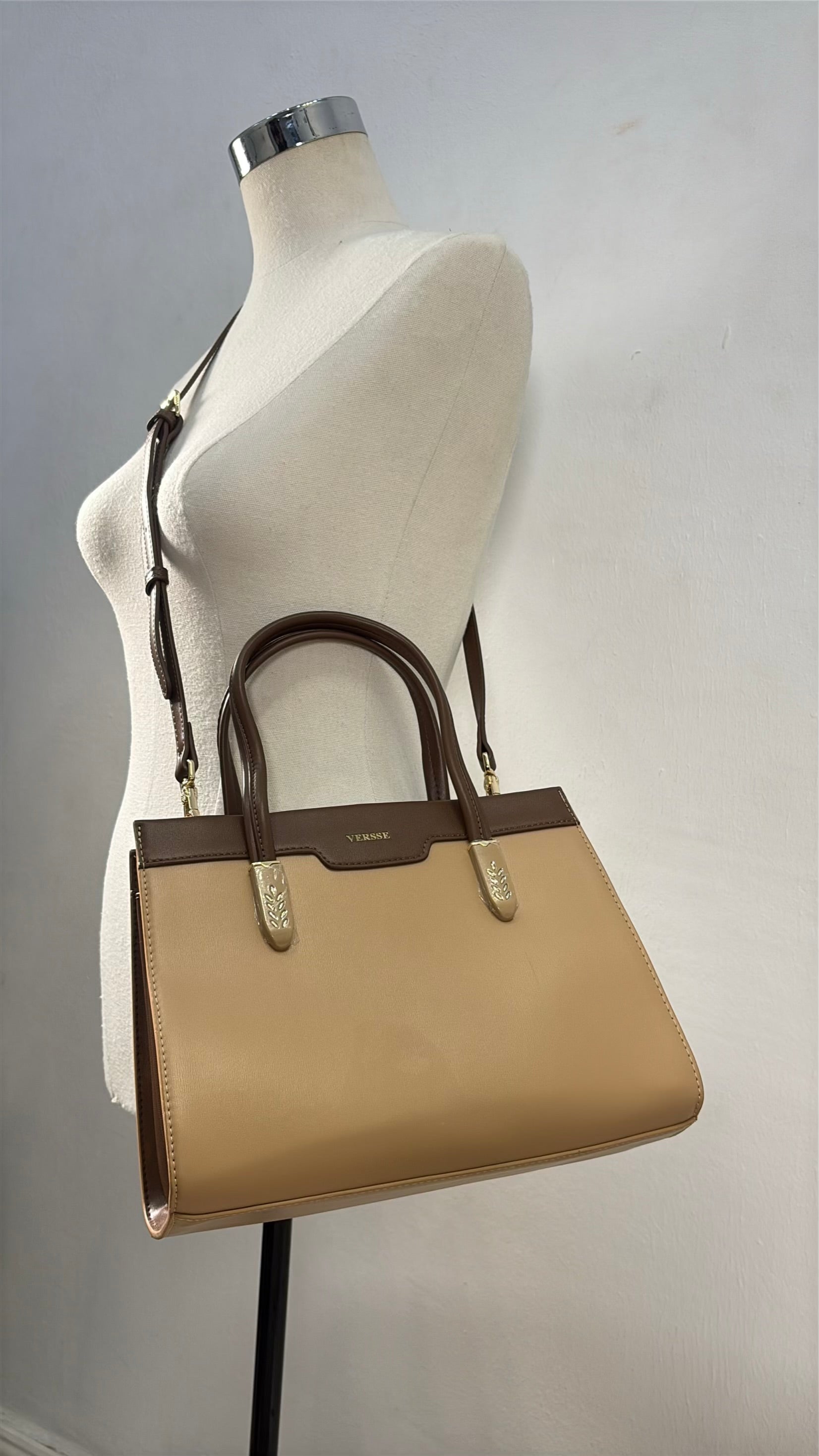 Versse Detail Handle Structured Bag in Coffee
