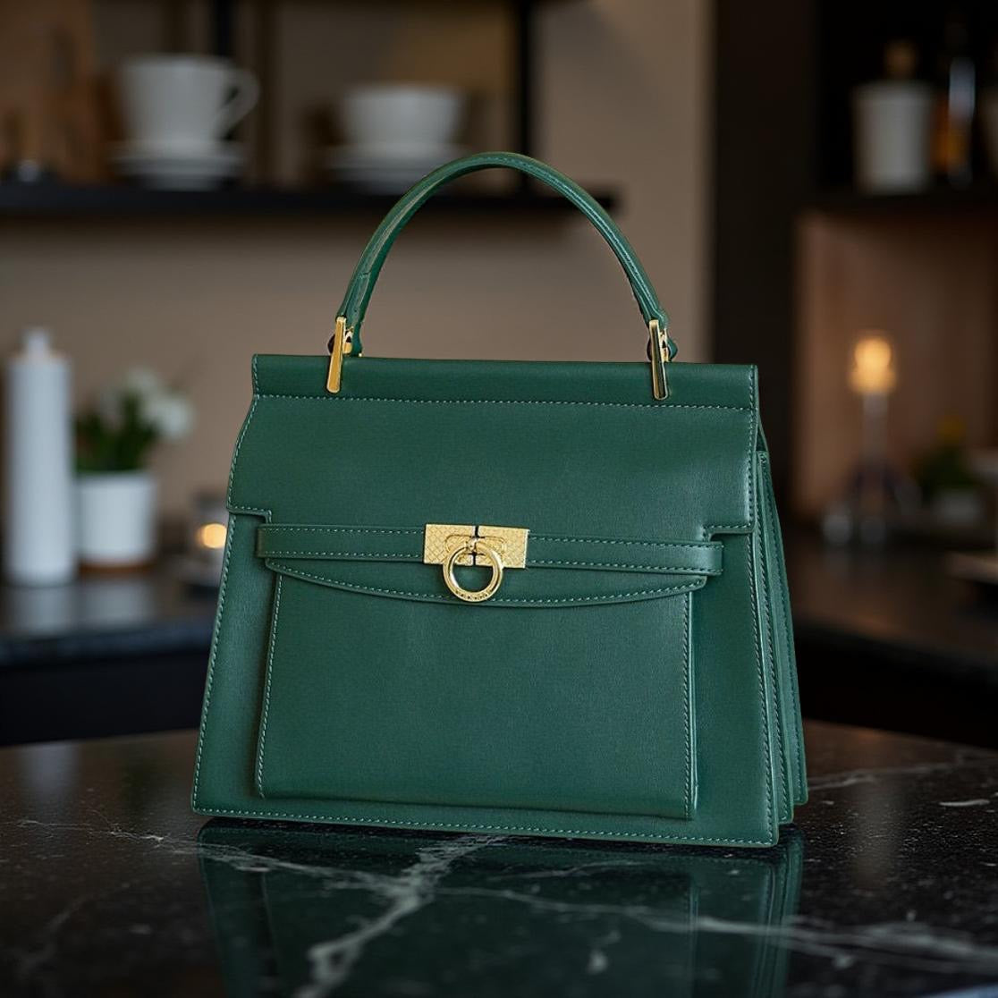 Versse Ring Detail Top Handle Leather Bag in Green