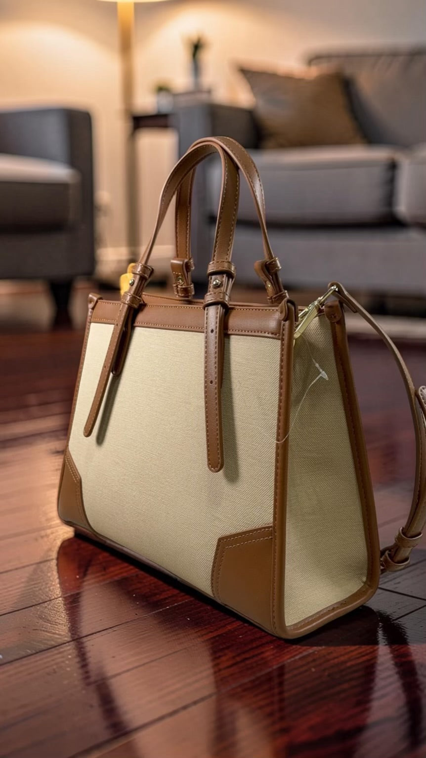 Chrisbella Double Top Handle Leather Tapping Bag in Beige