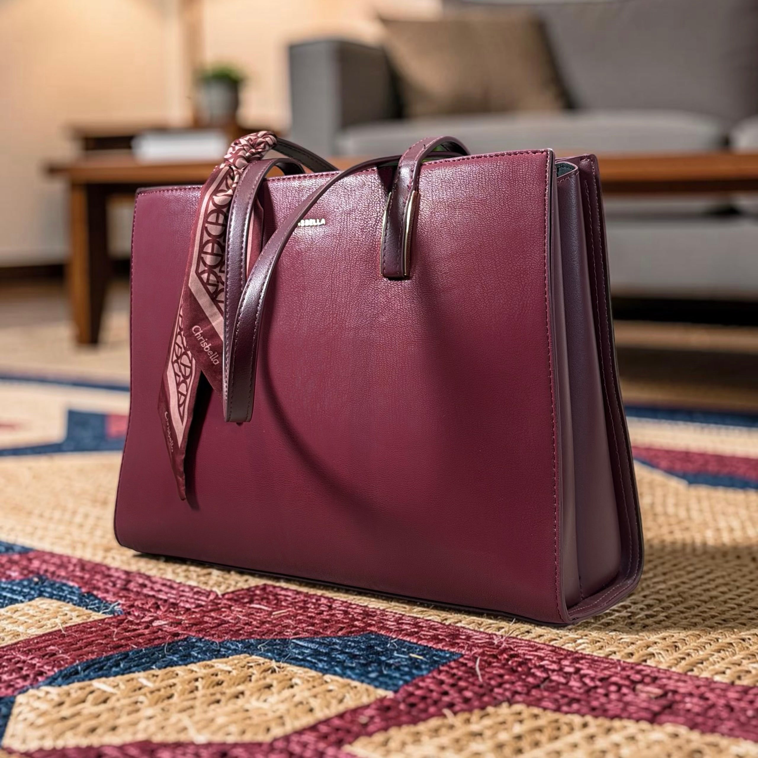 Chrisbella Scarf Detail Shoulder Tote in Burgundy