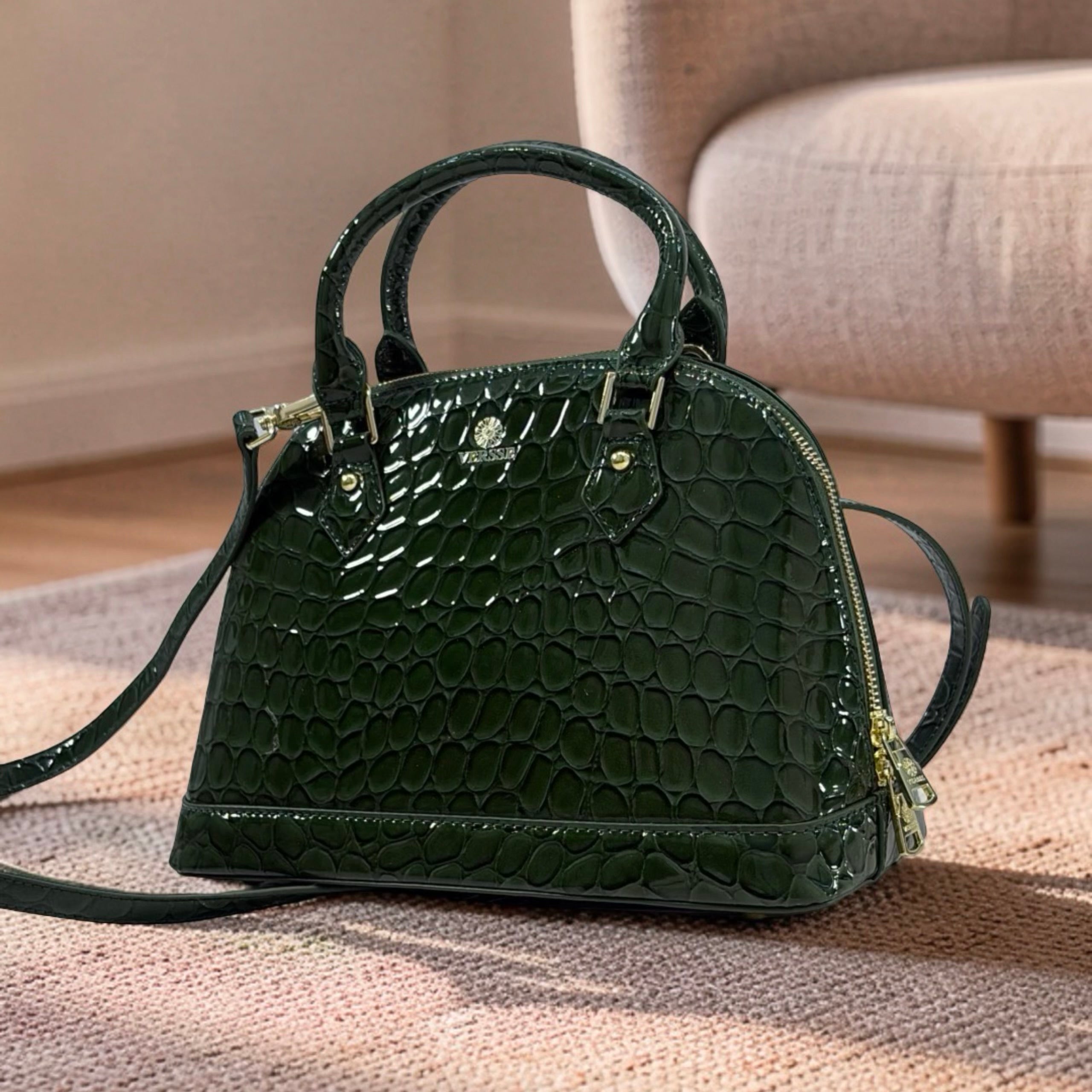 Versse Faux Croc Patent Leather Bag in Green