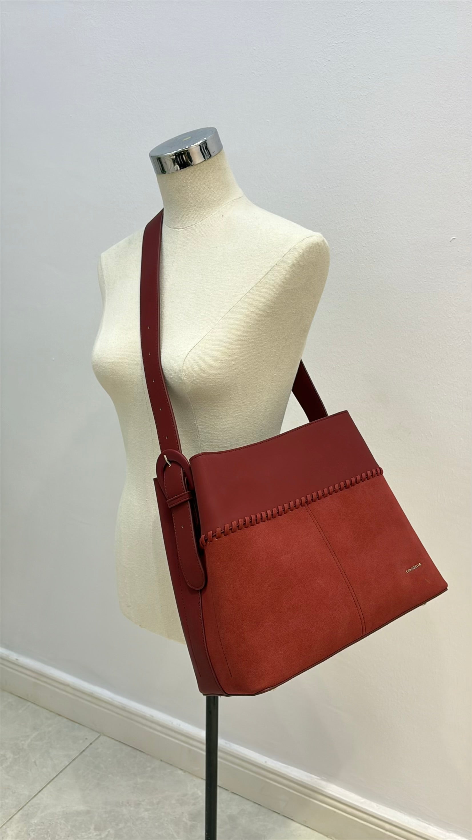 Chrisbella Single Belt Strap Bag Suede Detail Bag in Wine