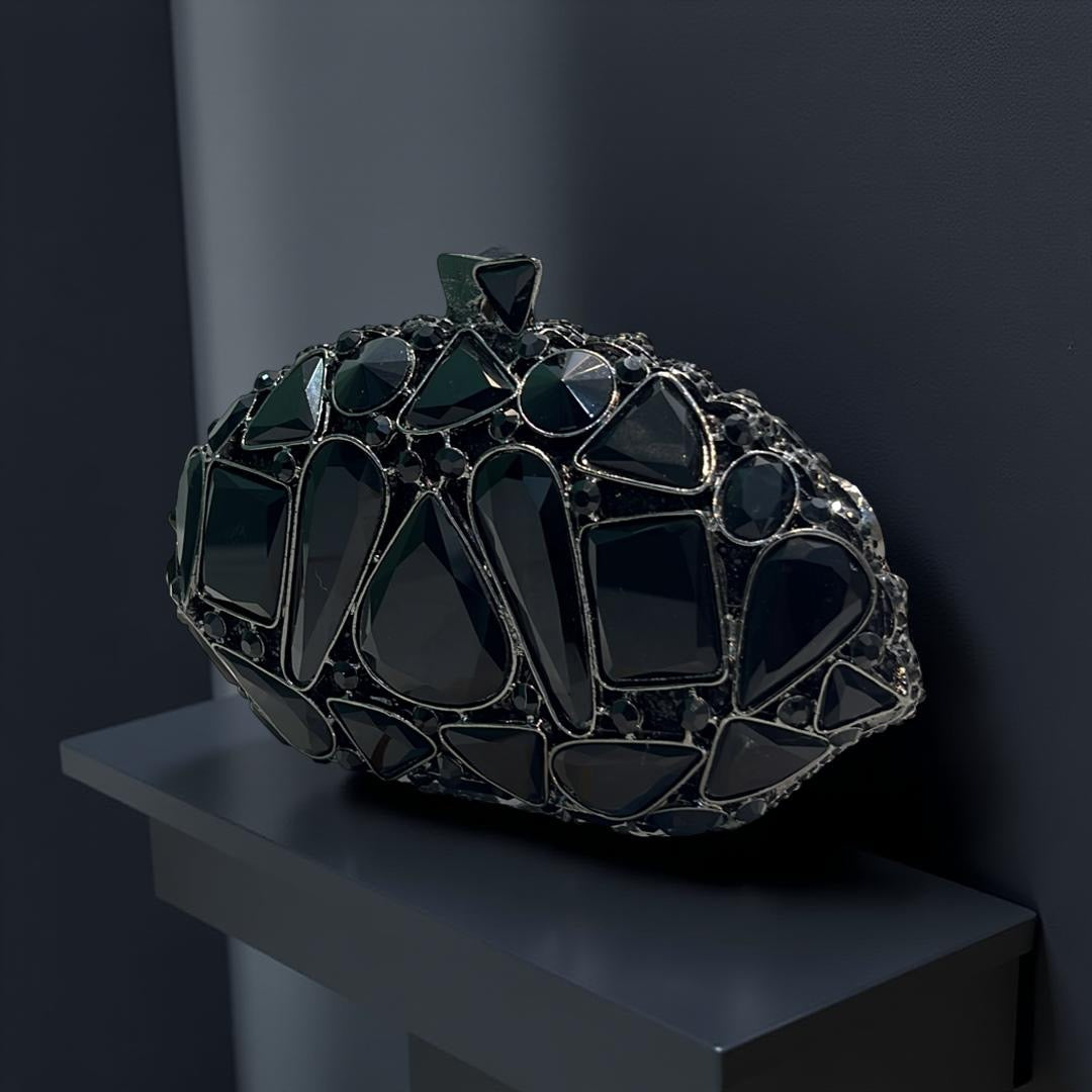 Valencia Structured Clutch Party Purse with Stones in Black