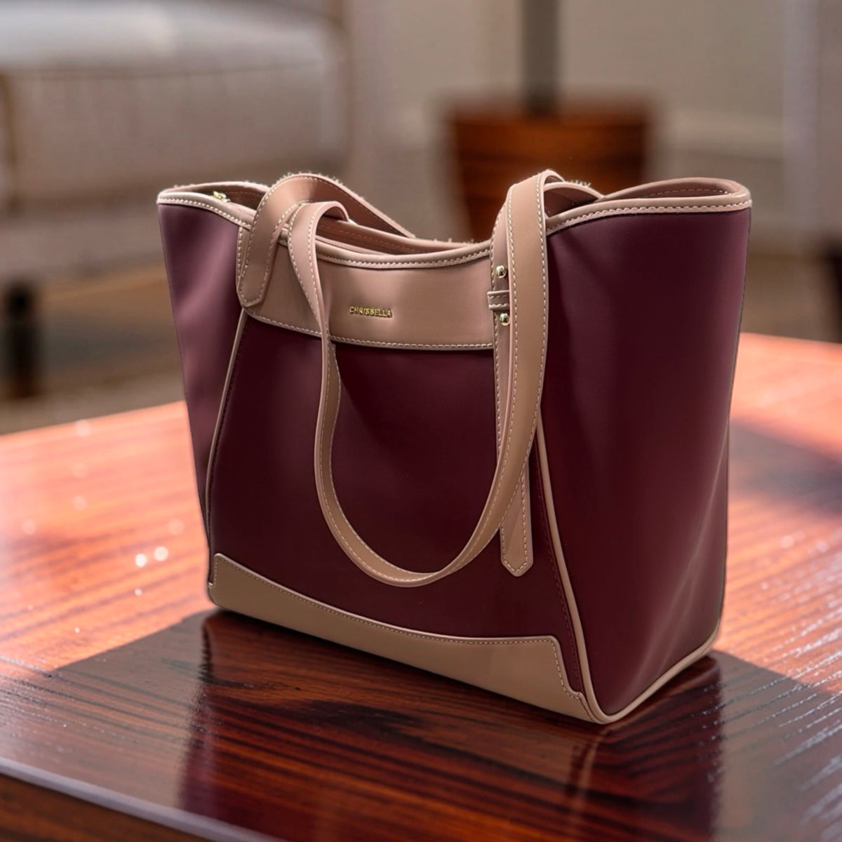 Chrisbella Large Two-Tone Bag in Beige Wine