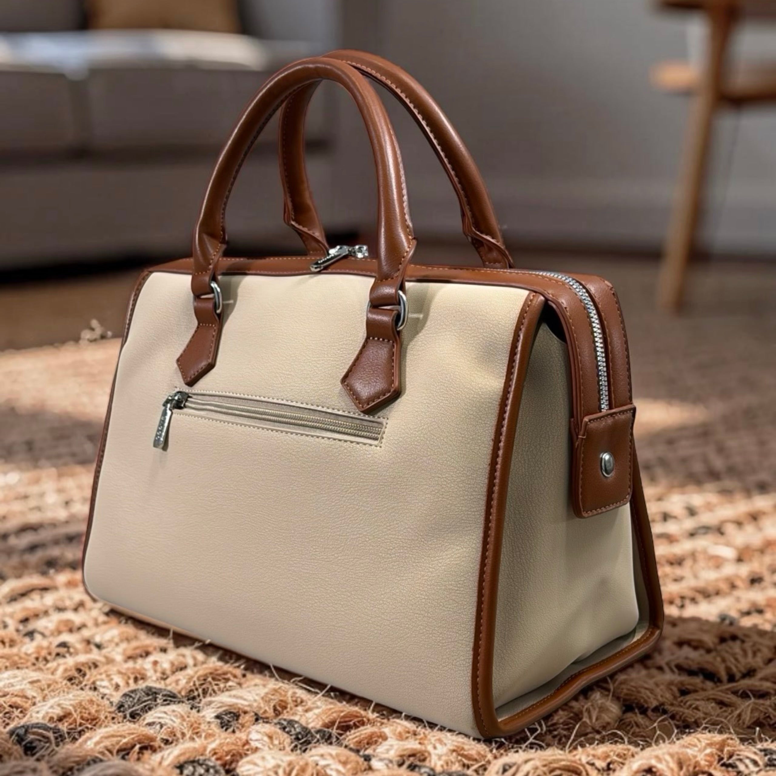 Bagco Double Front Zip Two-Tone Bag in Brown/Beige