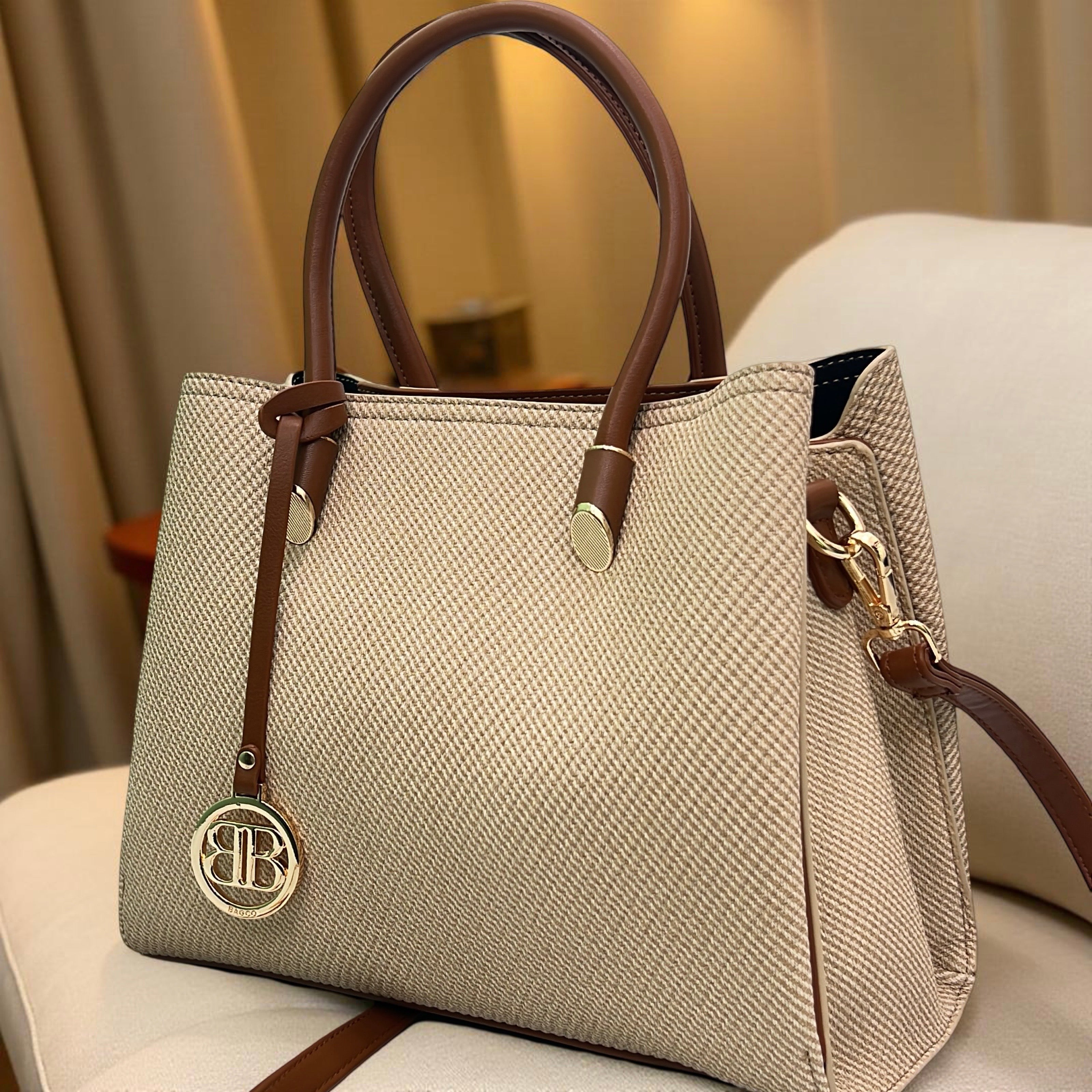 Bagco Structured Double Handle Fabric-Finish Bag in Beige