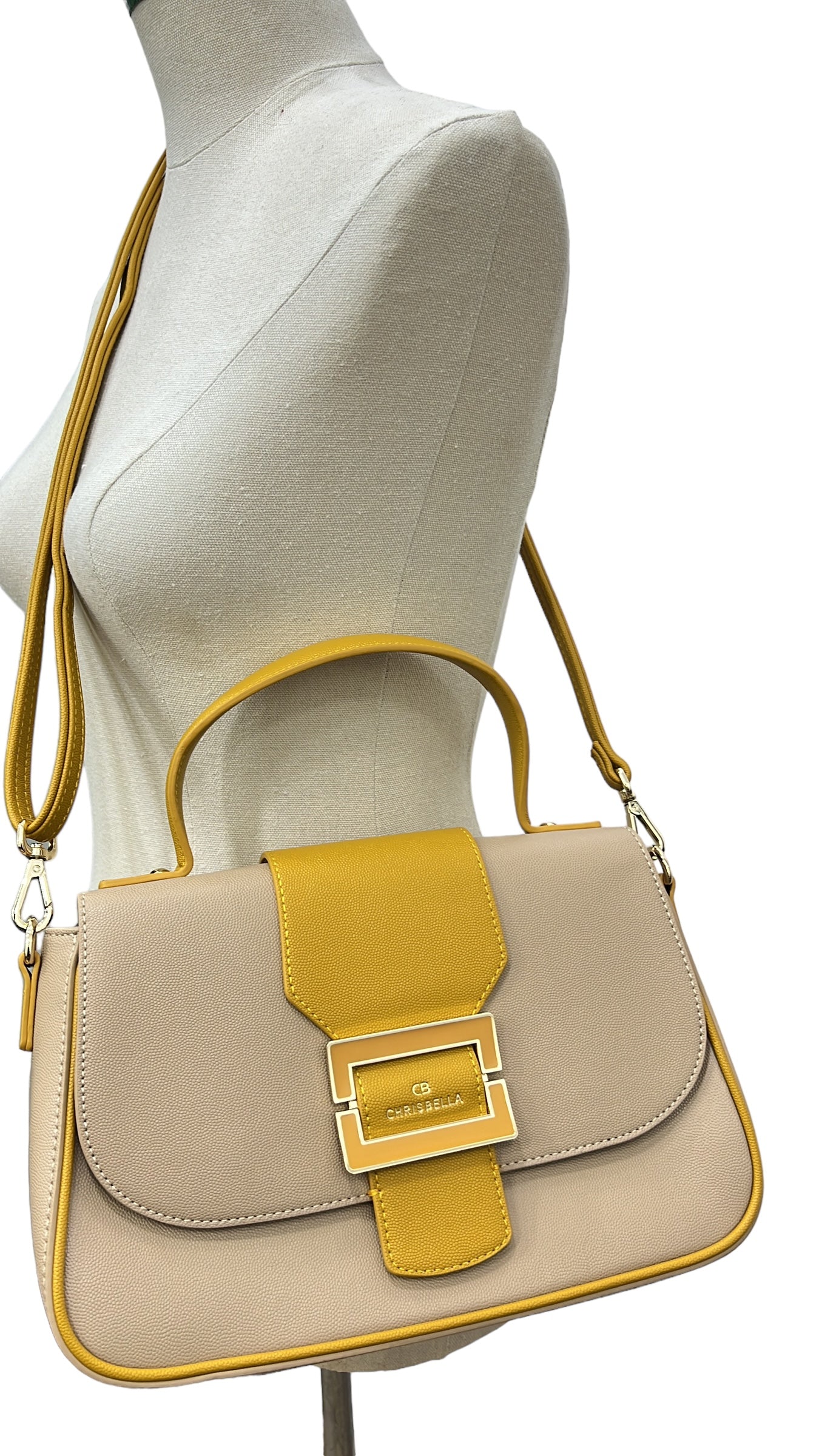 CHRISBELLA TEXTURED BUCKLE DETAIL TWO-TONE BAG IN BEIGE