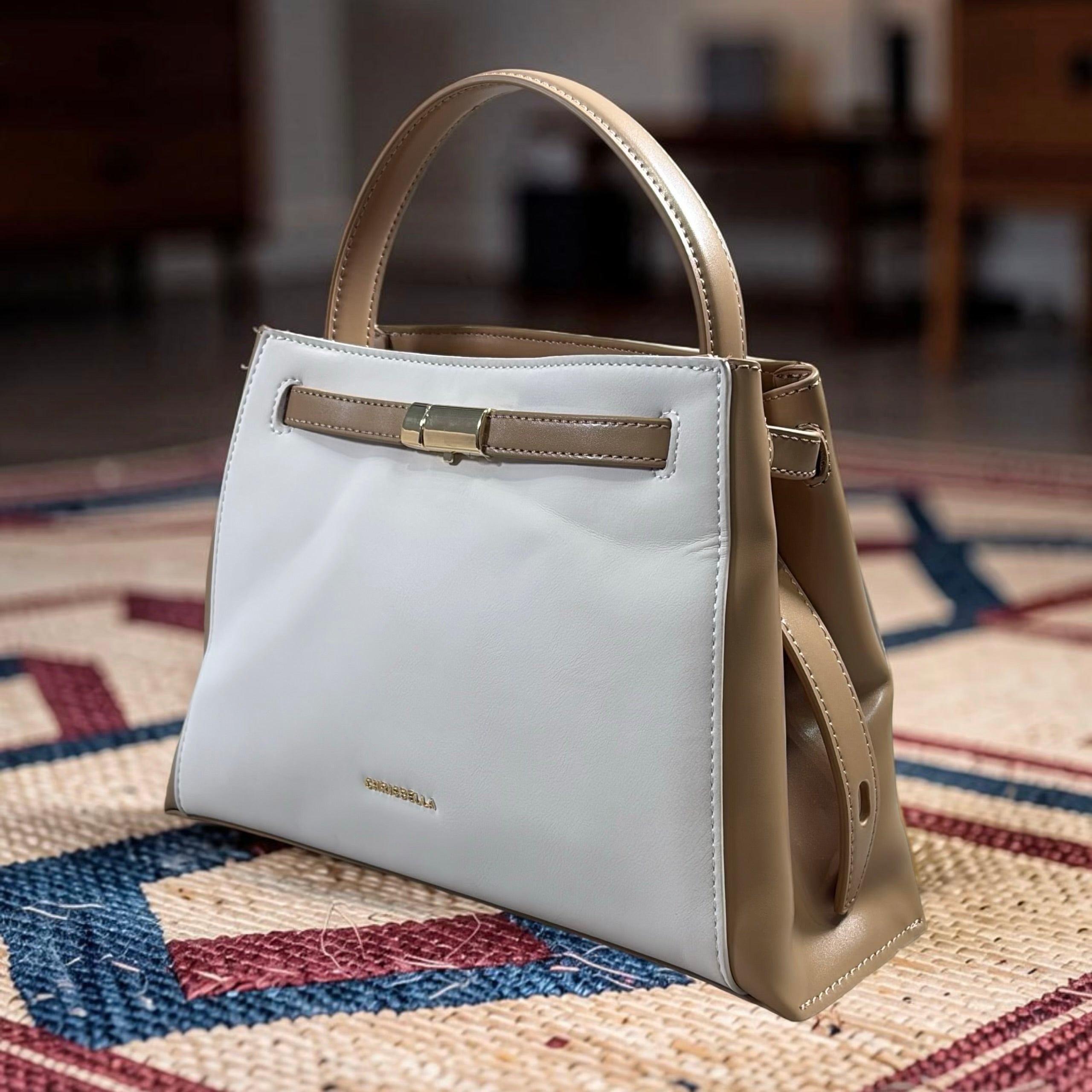 Chrisbella Top Handle Contrast Leather Bag in Nude & White
