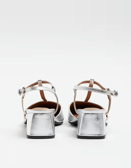 River Island Metallic Block Heel Shoes in Silver