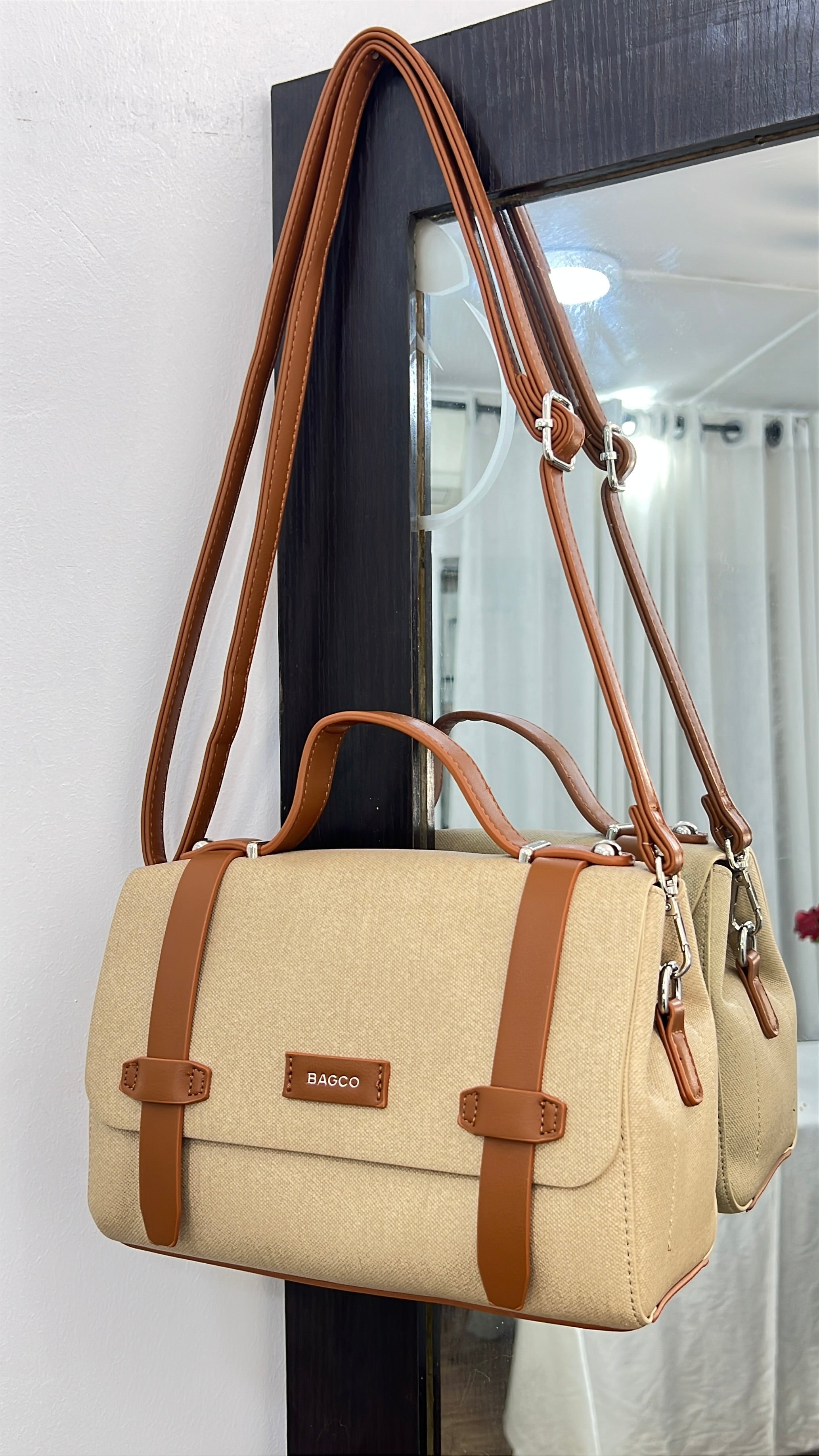 Bagco Leather Strap Top Handle Satchel in Beige