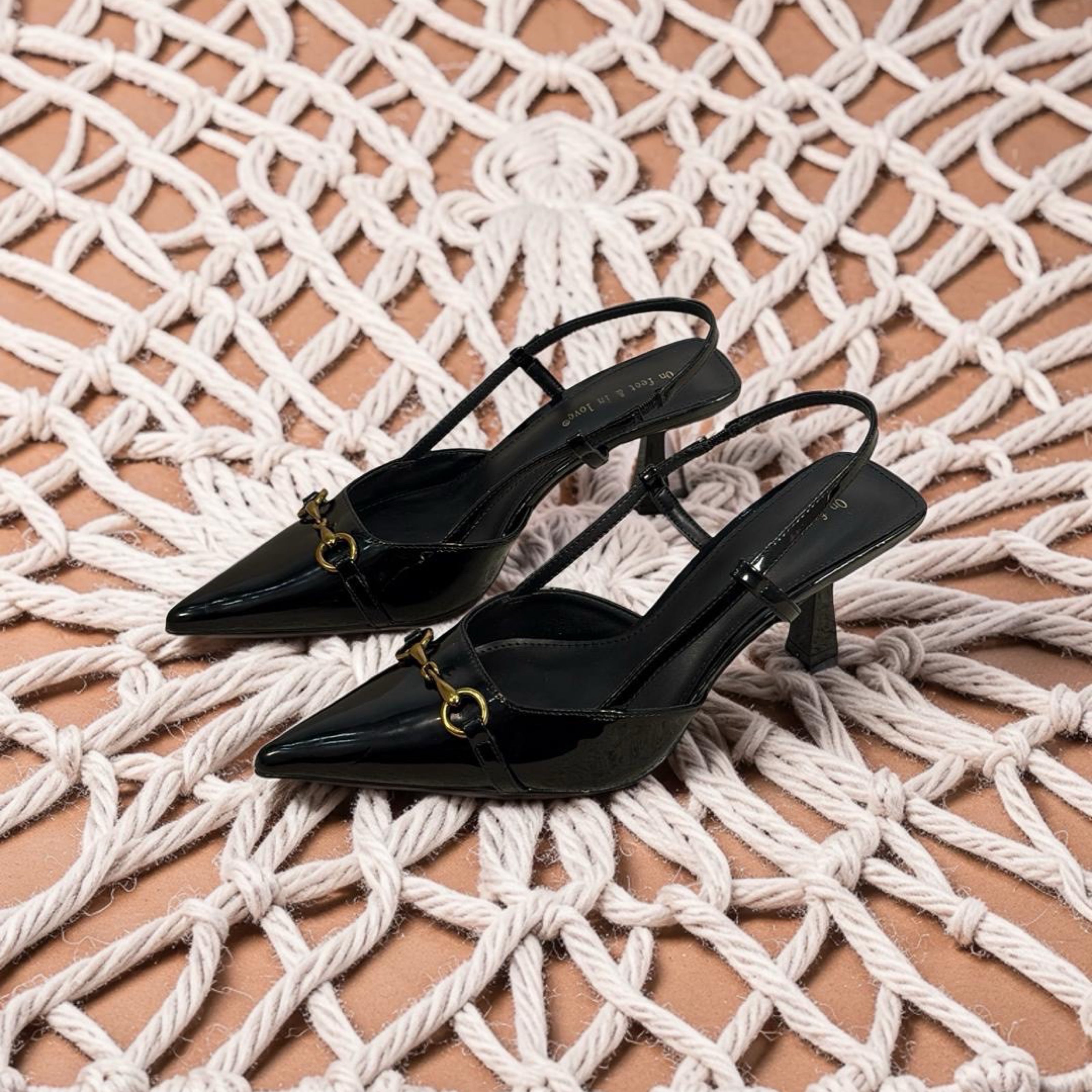 On Feet & In Love Bell Detail Pointed Toe Slingback Heels in Black