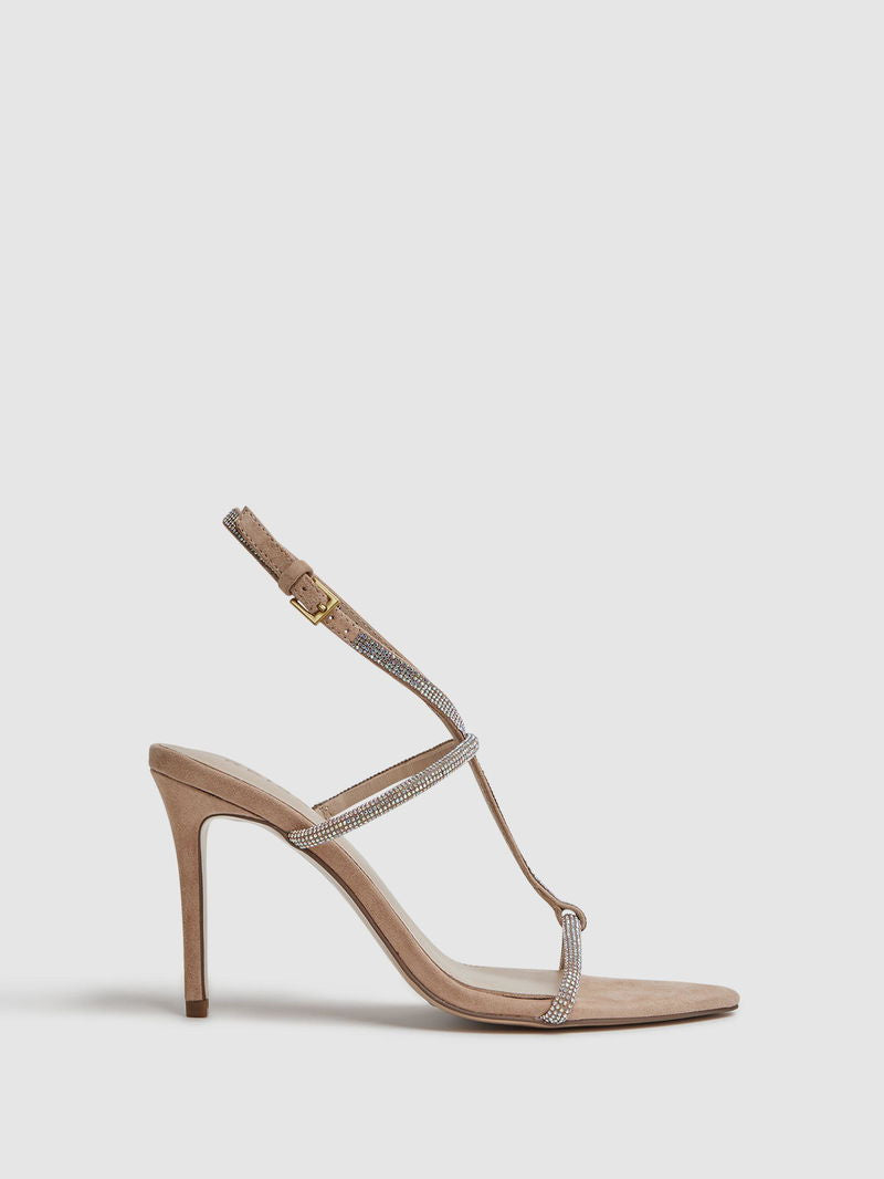 Reiss Embellsihed Strap Heeled Sandal in Eggshell
