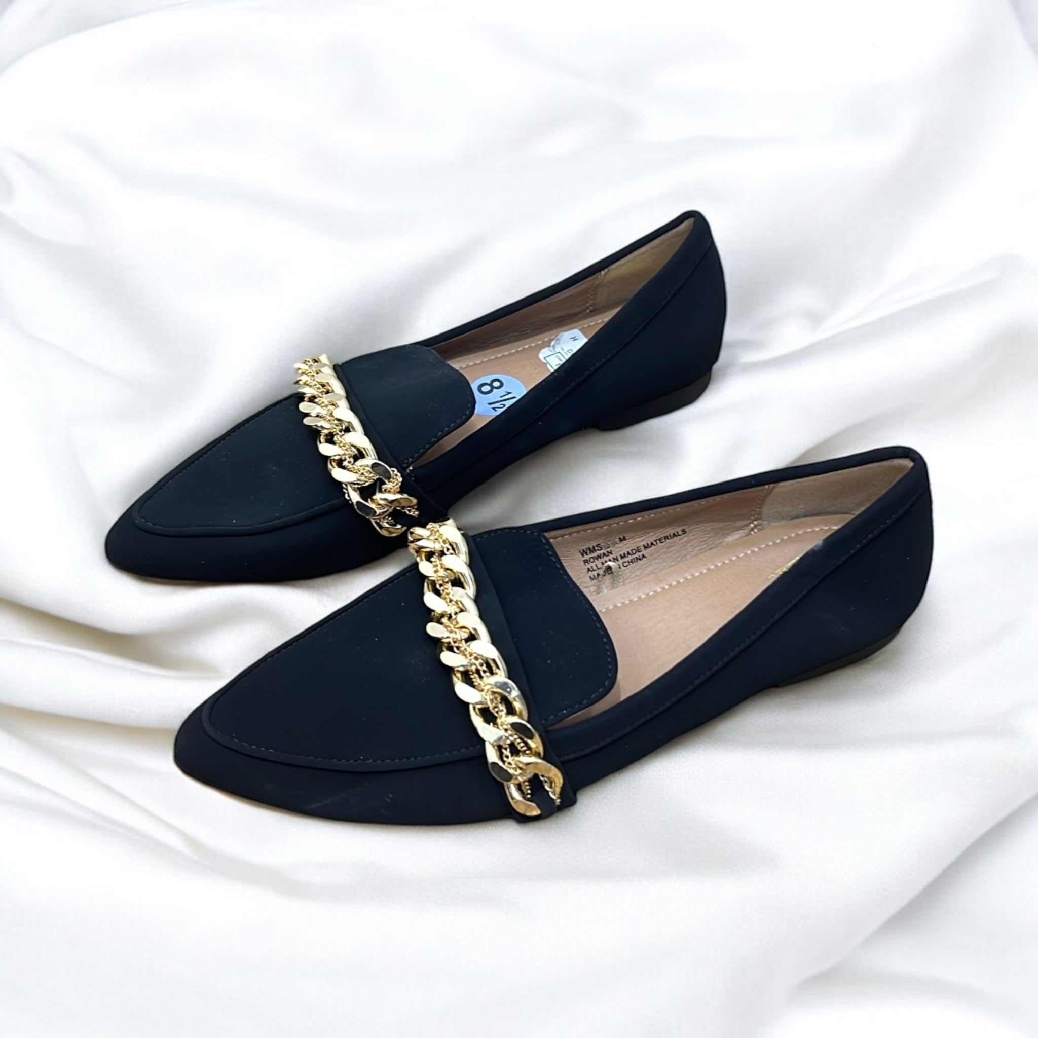 REPORT SUEDE CHAIN DETAIL FLAT SHOES IN BLACK