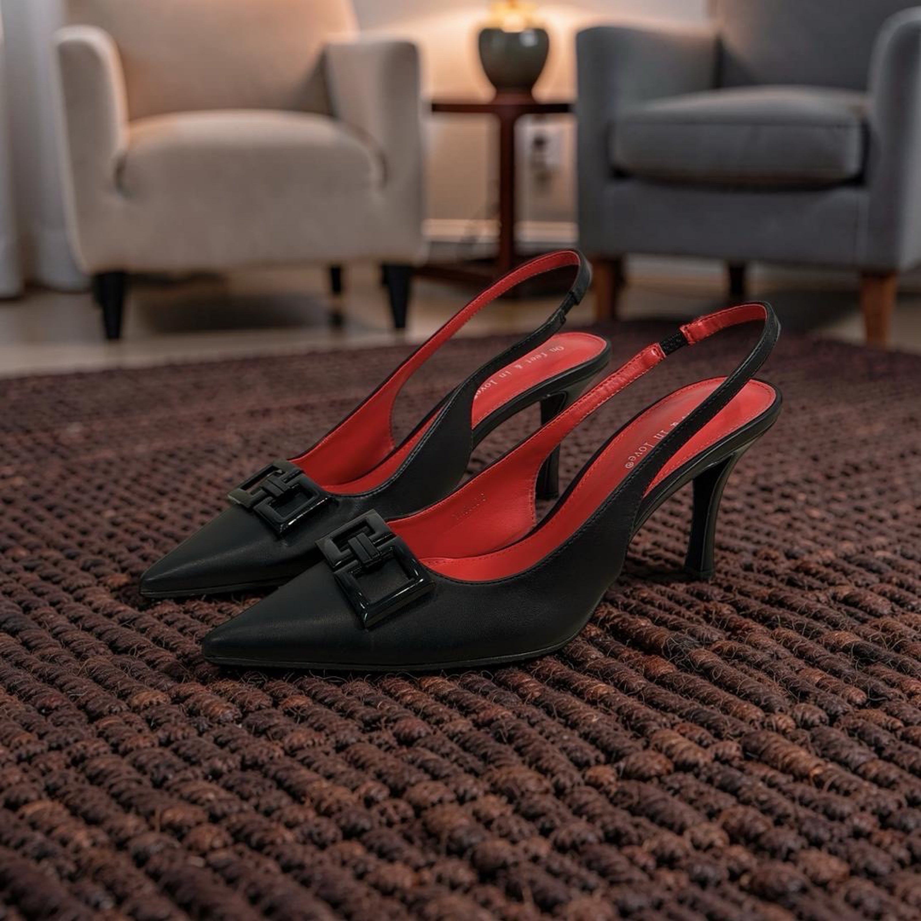 On Feet & in Love Patent Leather Pointed Toe Slingback Heels in Black