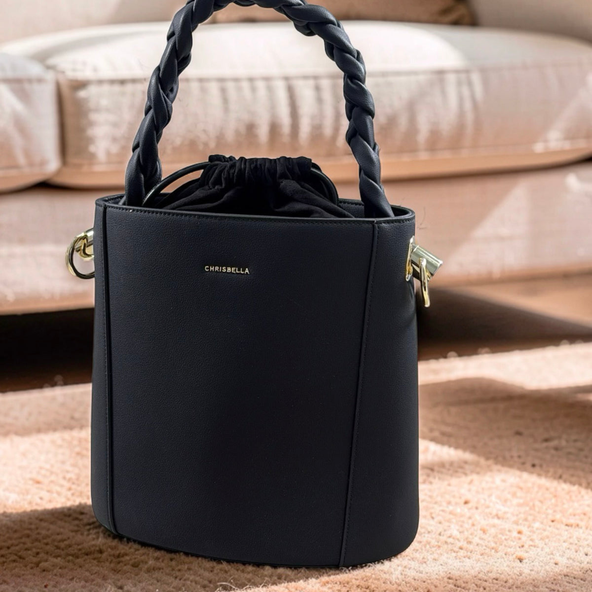 Chrisbella Drawstring Bucket Bag in Black