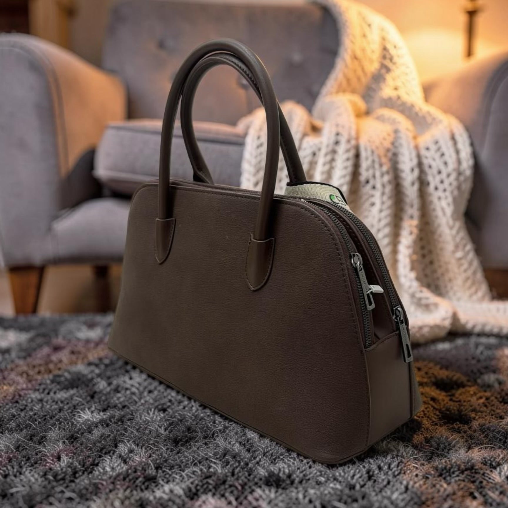 Chrisbella Double Comparment Matte Leather Bag in Dark Coffee