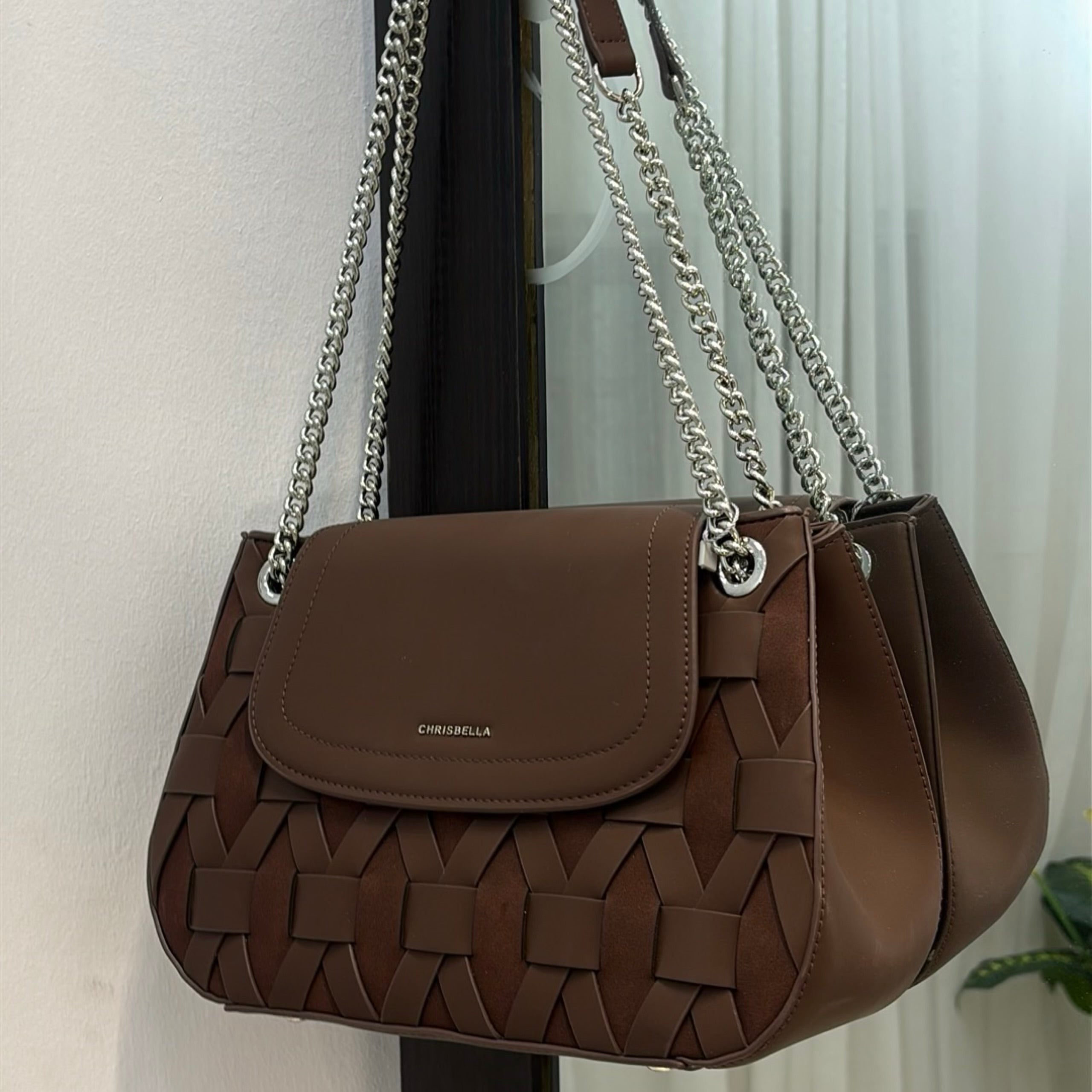 Chrisbella Woven Detail Chain Handle Sling bag in Coffee